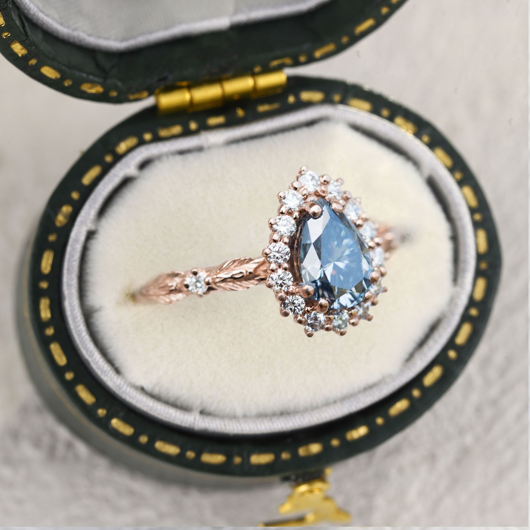 Unique Halo Leaf Pear Blue Grey Moissanite Ring - Oore Jewelry