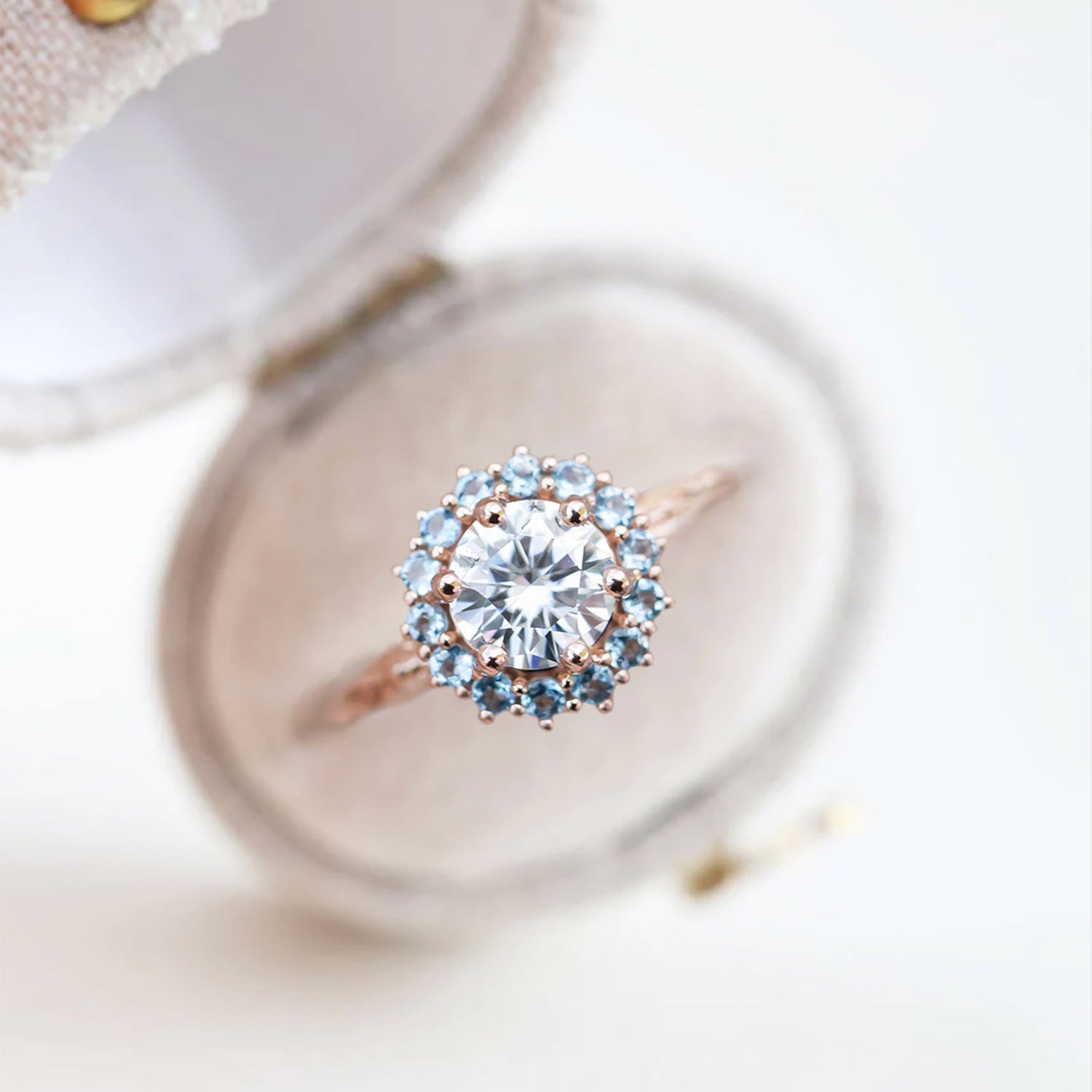 Unique Halo Midsummer Round Shaped Moissanite Ring - Oore Jewelry