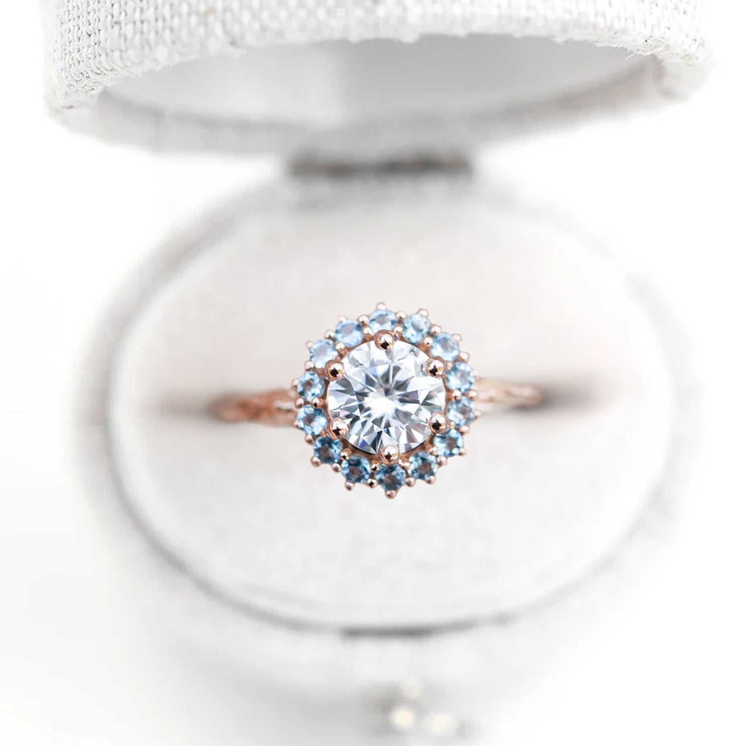Unique Halo Midsummer Round Shaped Moissanite Ring - Oore Jewelry