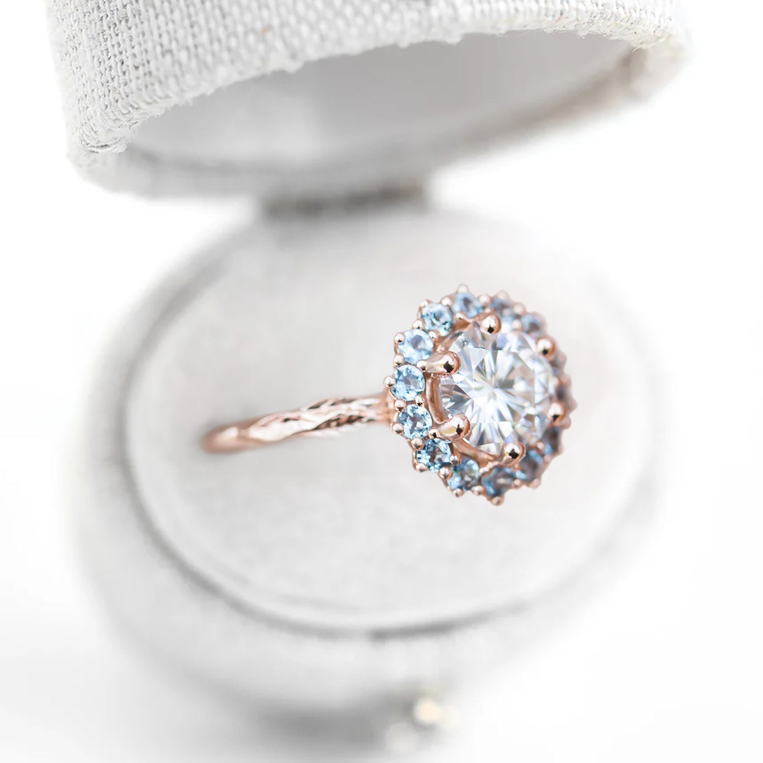 Unique Halo Midsummer Round Shaped Moissanite Ring - Oore Jewelry