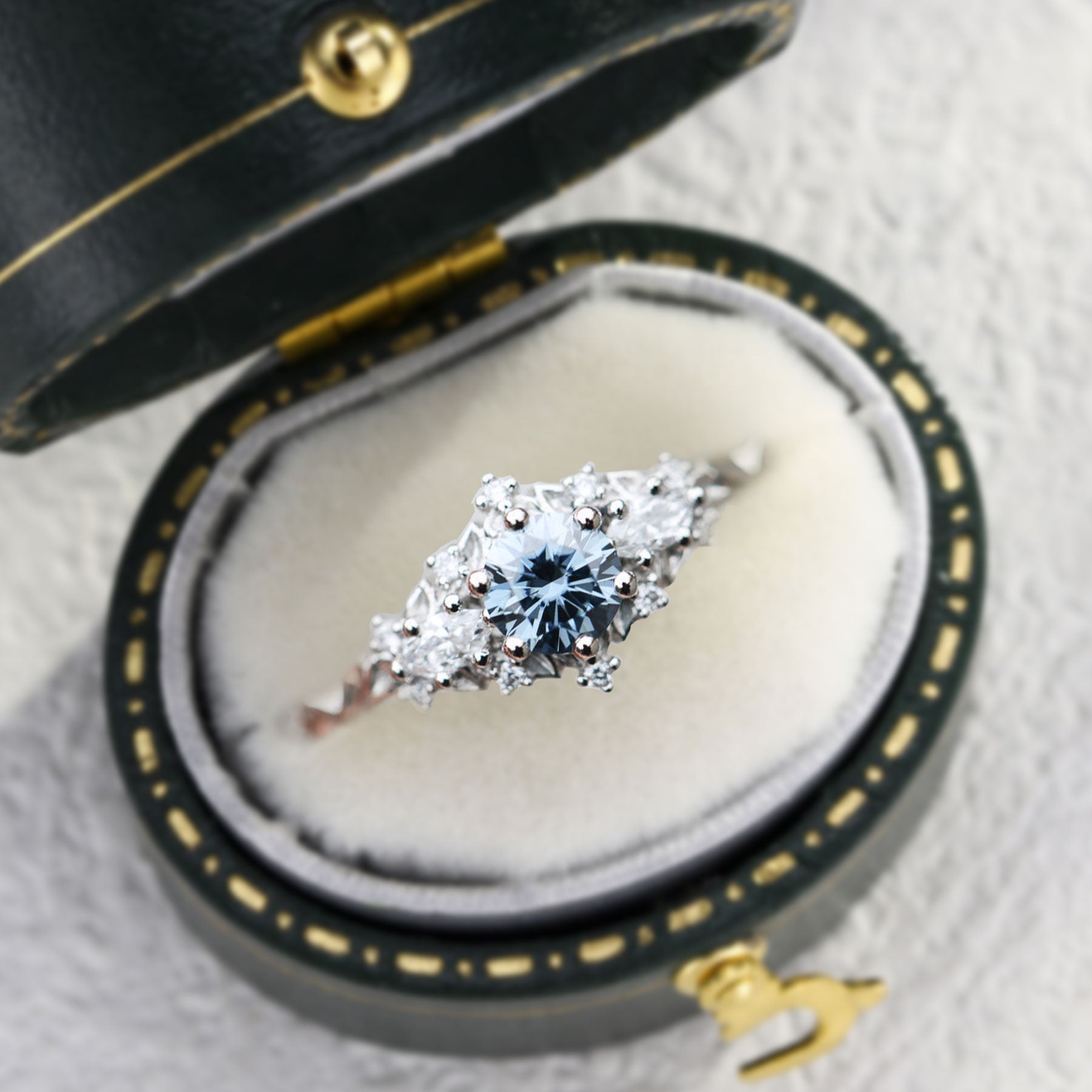 Unique Briar Rose Three Stone Round Grey Blue Moissanite Ring - Oore Jewelry