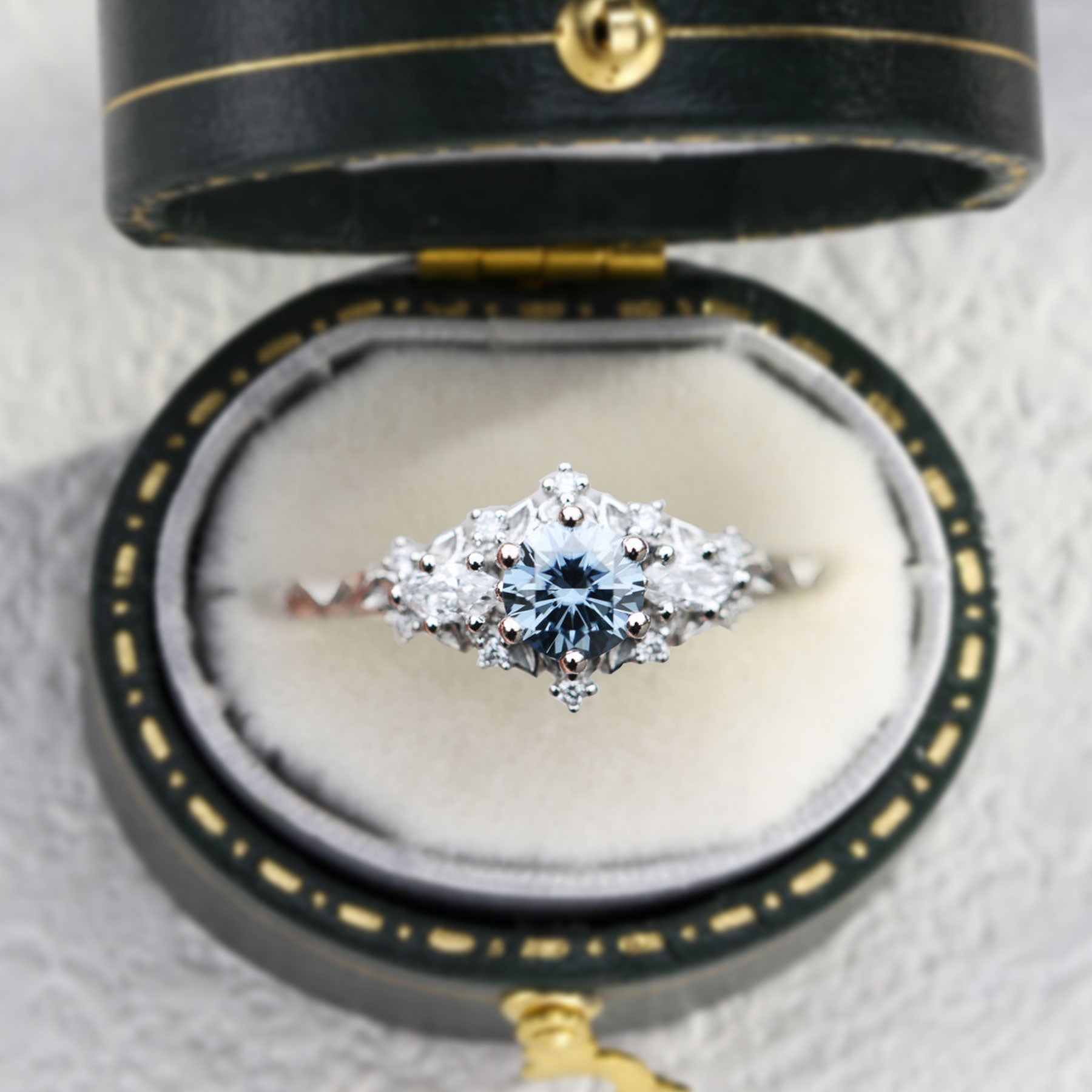 Unique Briar Rose Three Stone Round Grey Blue Moissanite Ring - Oore Jewelry