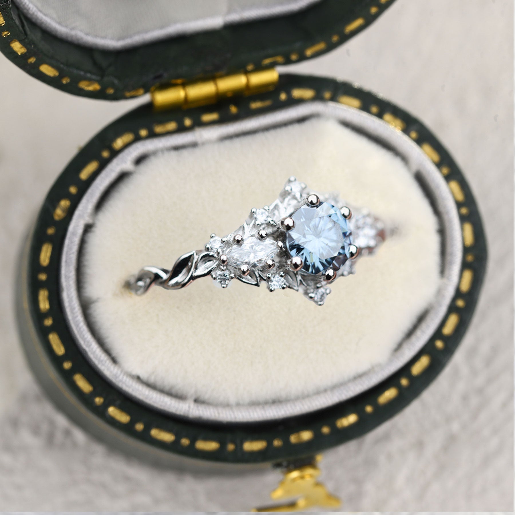 Unique Briar Rose Three Stone Round Grey Blue Moissanite Ring - Oore Jewelry