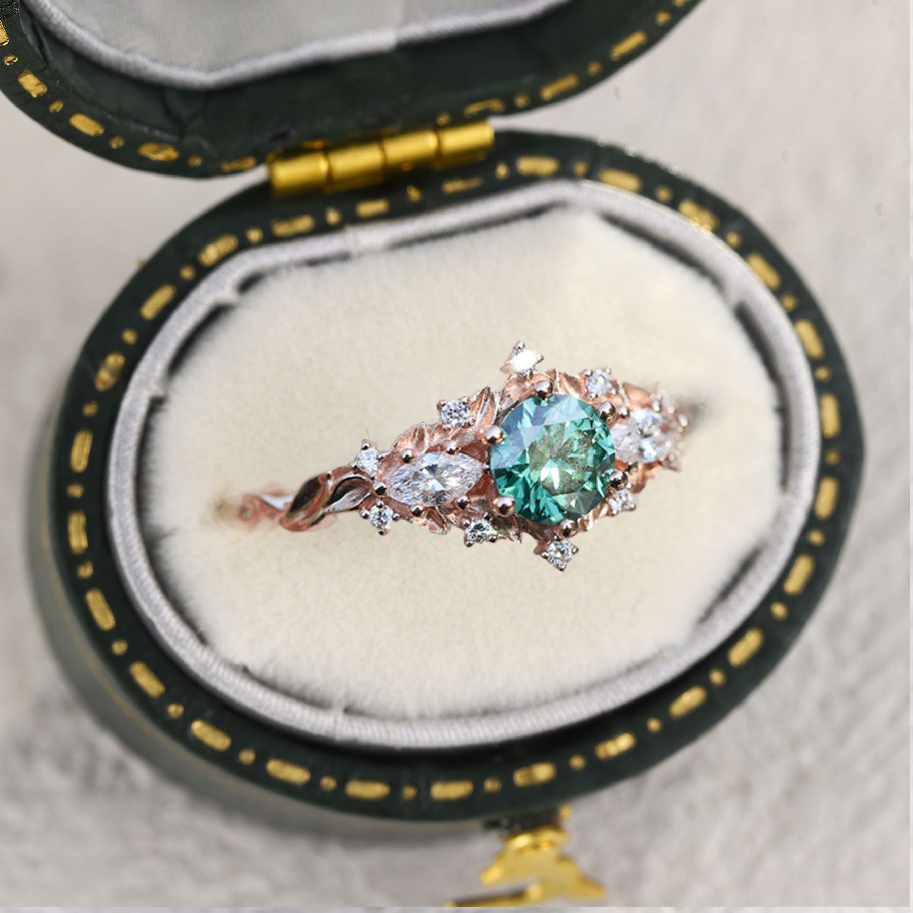 Unique Briar Rose Three Stone Round Teal Moissanite Ring - Oore Jewelry