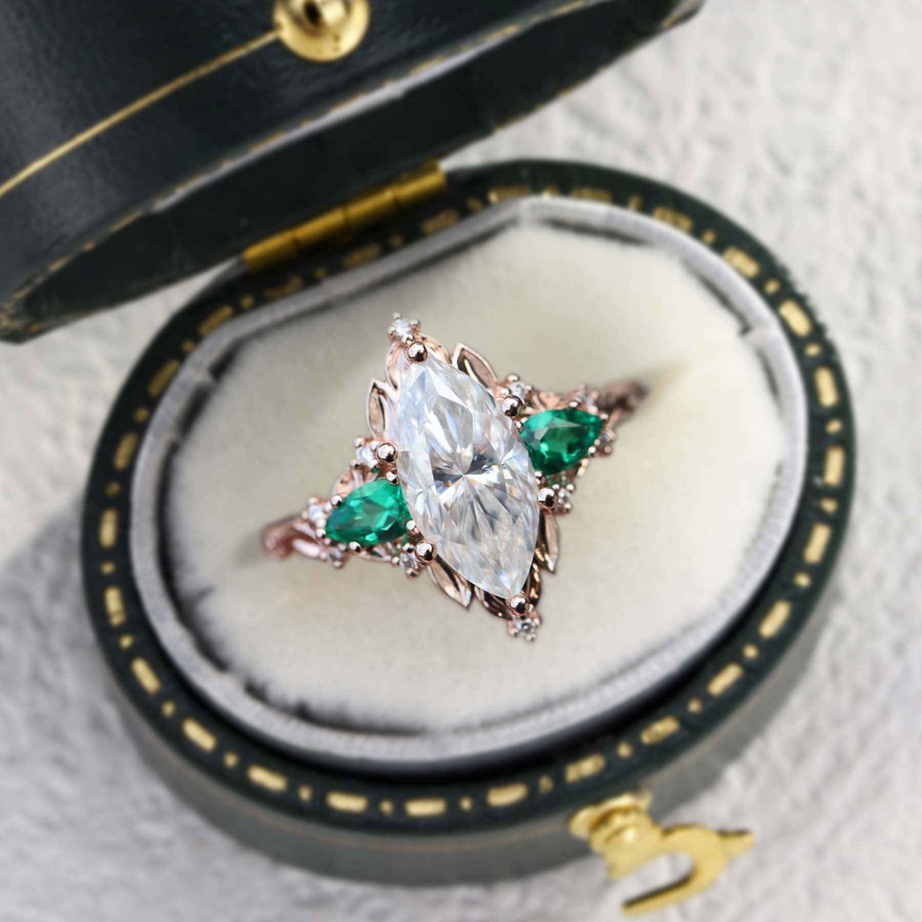 Unique Briar Rose Five Stone Marquise Moissanite and Lab Emerald Ring - Oore Jewelry