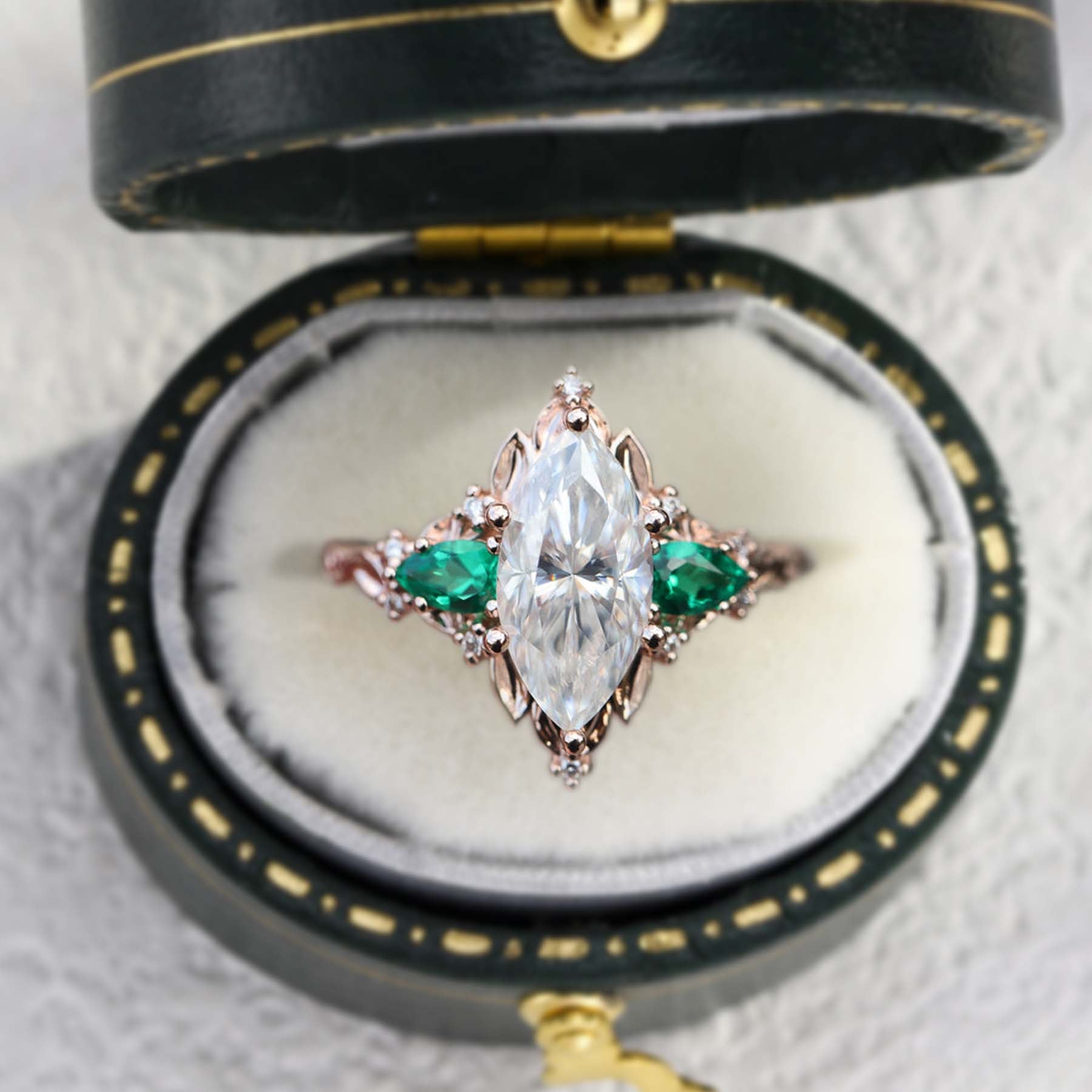 Unique Briar Rose Five Stone Marquise Moissanite and Lab Emerald Ring - Oore Jewelry
