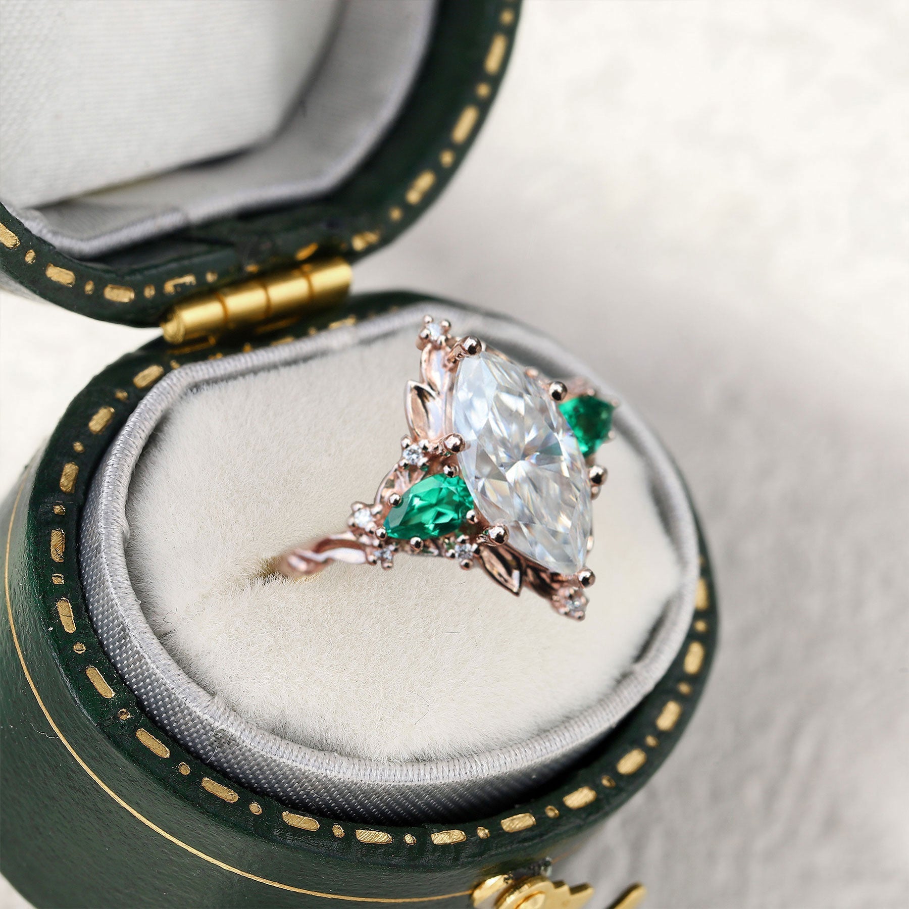 Unique Briar Rose Five Stone Marquise Moissanite and Lab Emerald Ring - Oore Jewelry