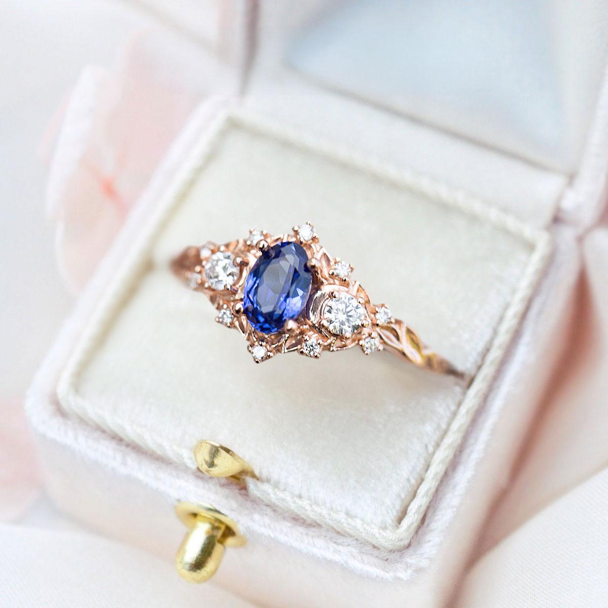 Unique Briar Rose Crescent Moon Oval Lab Sapphire Ring - Oore Jewelry