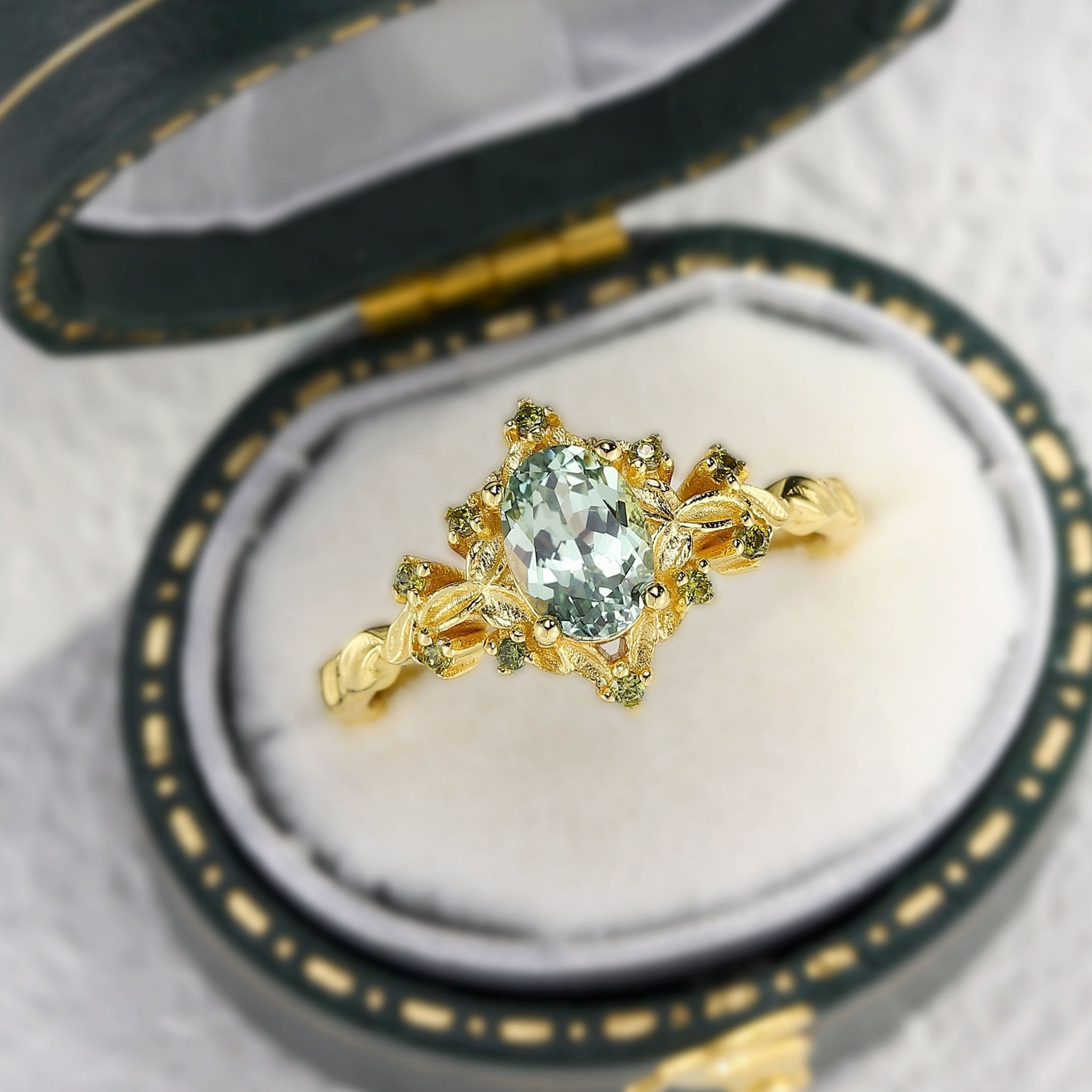 Unique Briar Rose Halo Oval Green Lab Sapphire Ring - Oore Jewelry