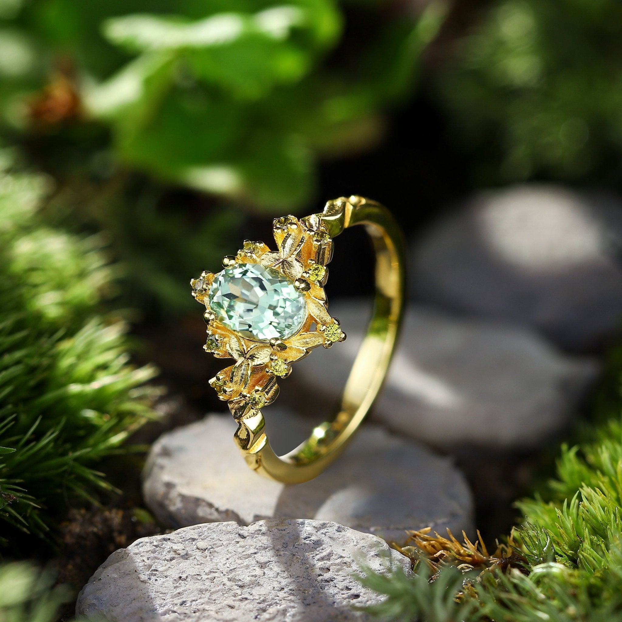 Unique Briar Rose Halo Oval Green Lab Sapphire Ring - Oore Jewelry