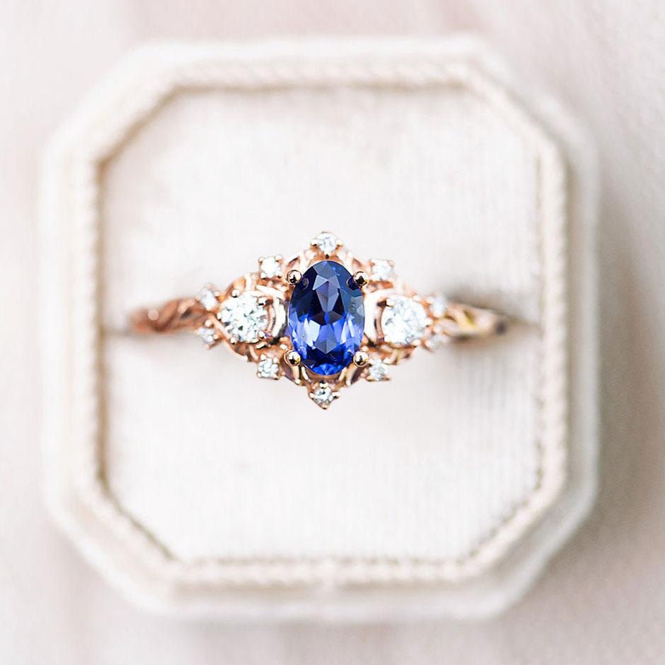 Unique Briar Rose Crescent Moon Oval Lab Sapphire Ring - Oore Jewelry