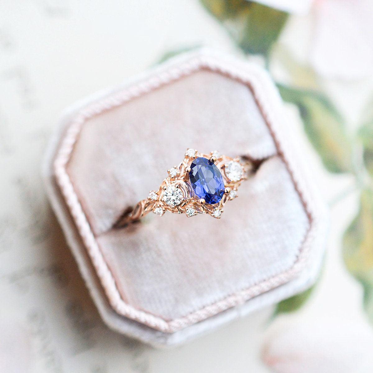 Unique Briar Rose Crescent Moon Oval Lab Sapphire Ring - Oore Jewelry