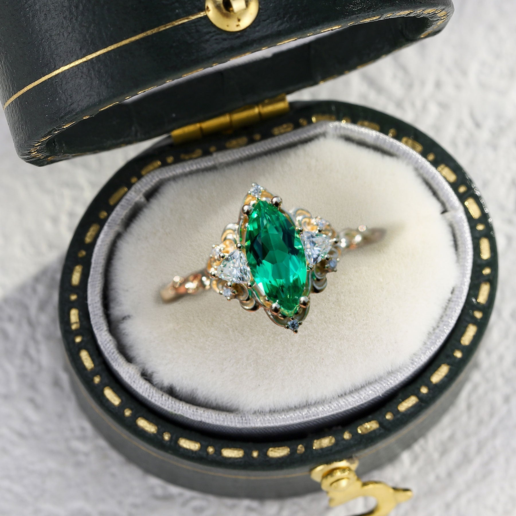 Unique Aurora Three Stone Marquise Lab Emerald Ring - Oore Jewelry