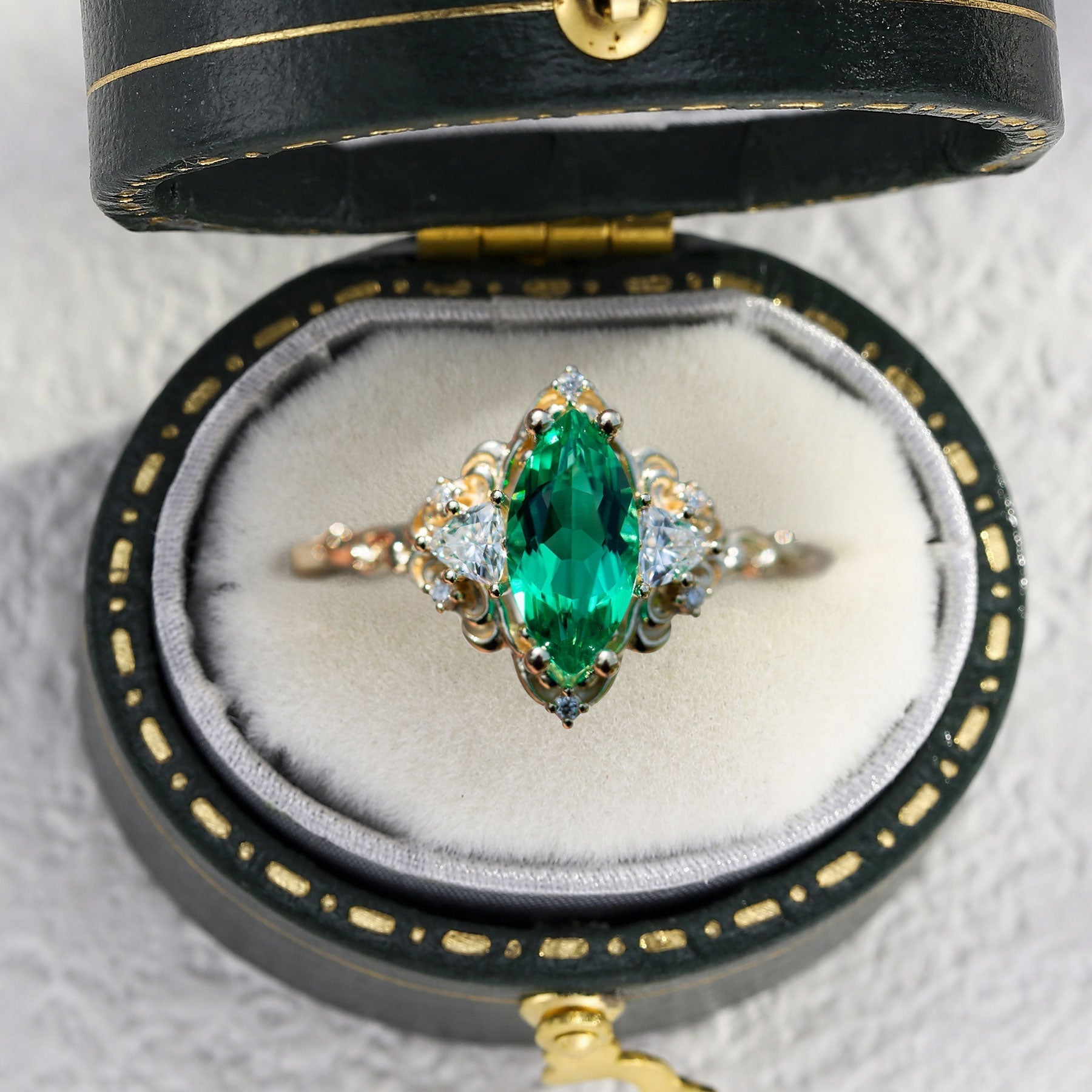 Unique Aurora Three Stone Marquise Lab Emerald Ring - Oore Jewelry