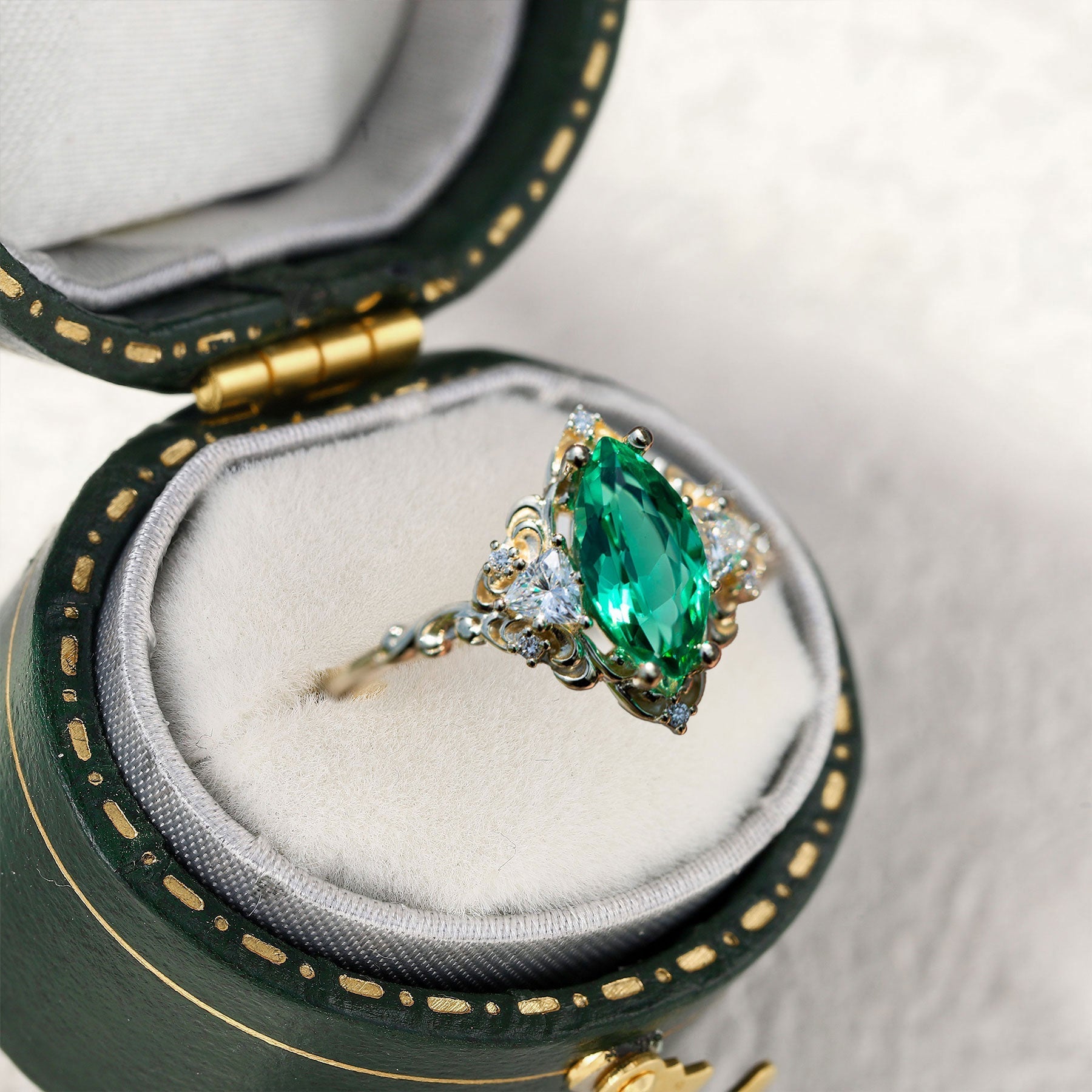 Unique Aurora Three Stone Marquise Lab Emerald Ring - Oore Jewelry