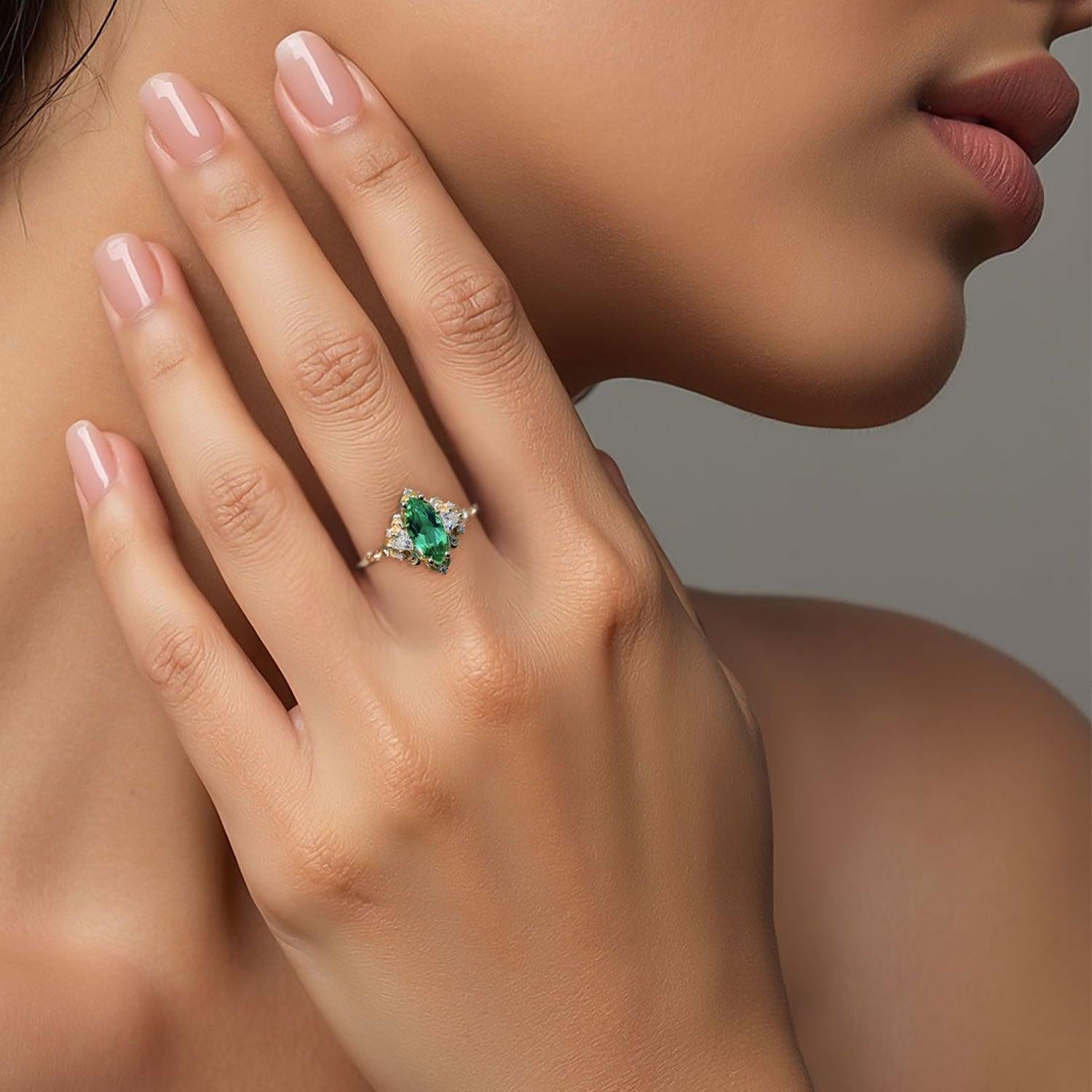 Unique Aurora Three Stone Marquise Lab Emerald Ring - Oore Jewelry