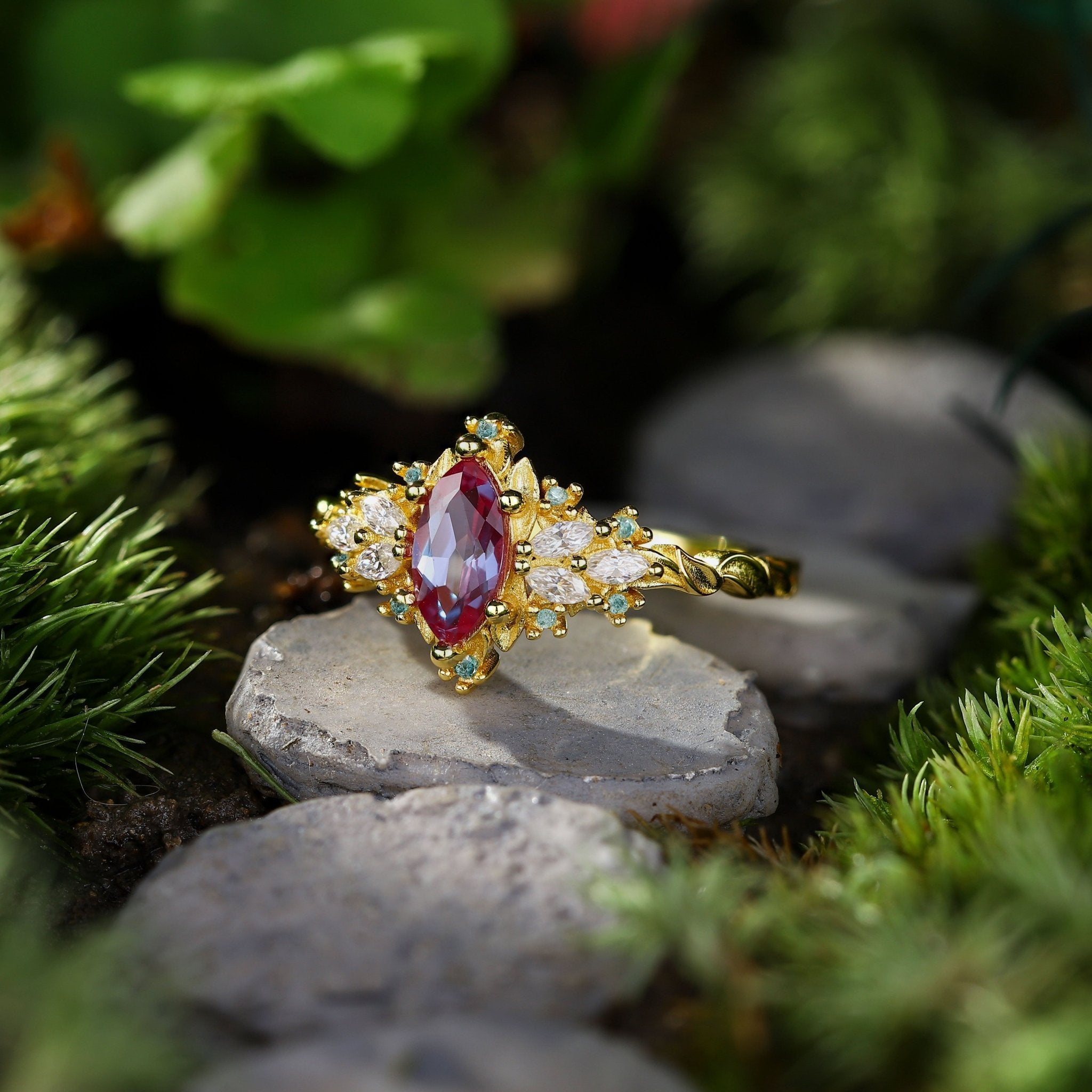 Unique Briar Rose Starlight Marquise Lab Alexandrite Ring - Oore Jewelry