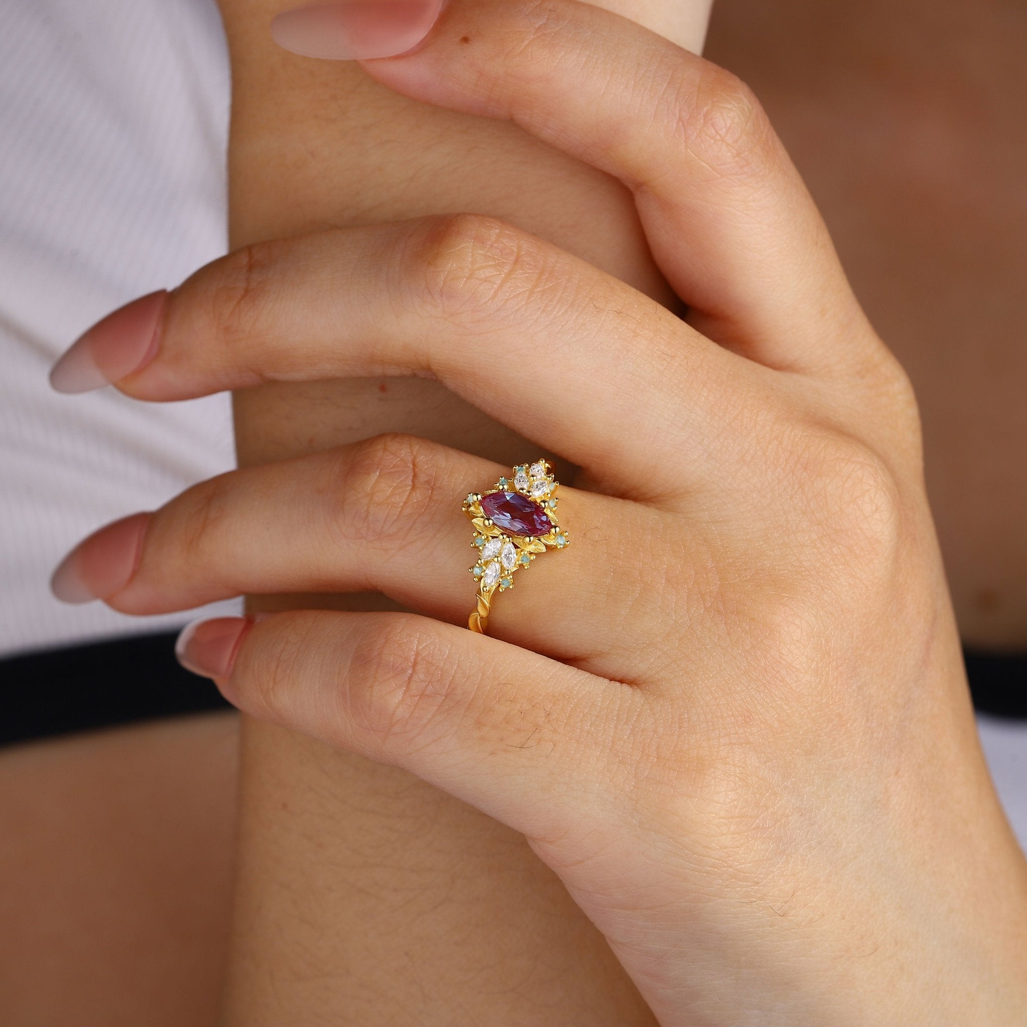Unique Briar Rose Starlight Marquise Lab Alexandrite Ring - Oore Jewelry