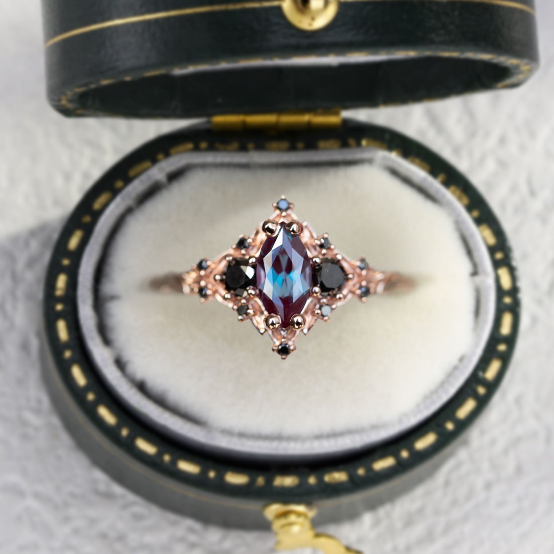 Unique Briar Rose Marquise Lab Alexandrite and Black Moissanite Ring - Oore Jewelry