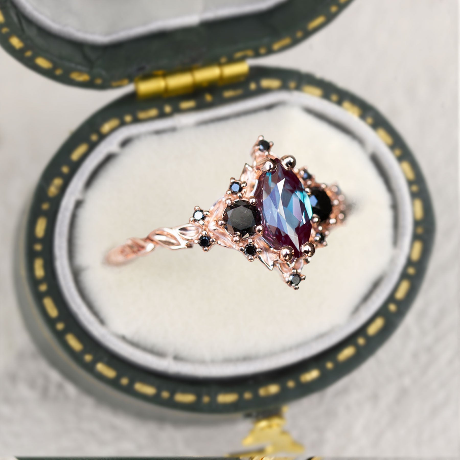 Unique Briar Rose Marquise Lab Alexandrite and Black Moissanite Ring - Oore Jewelry