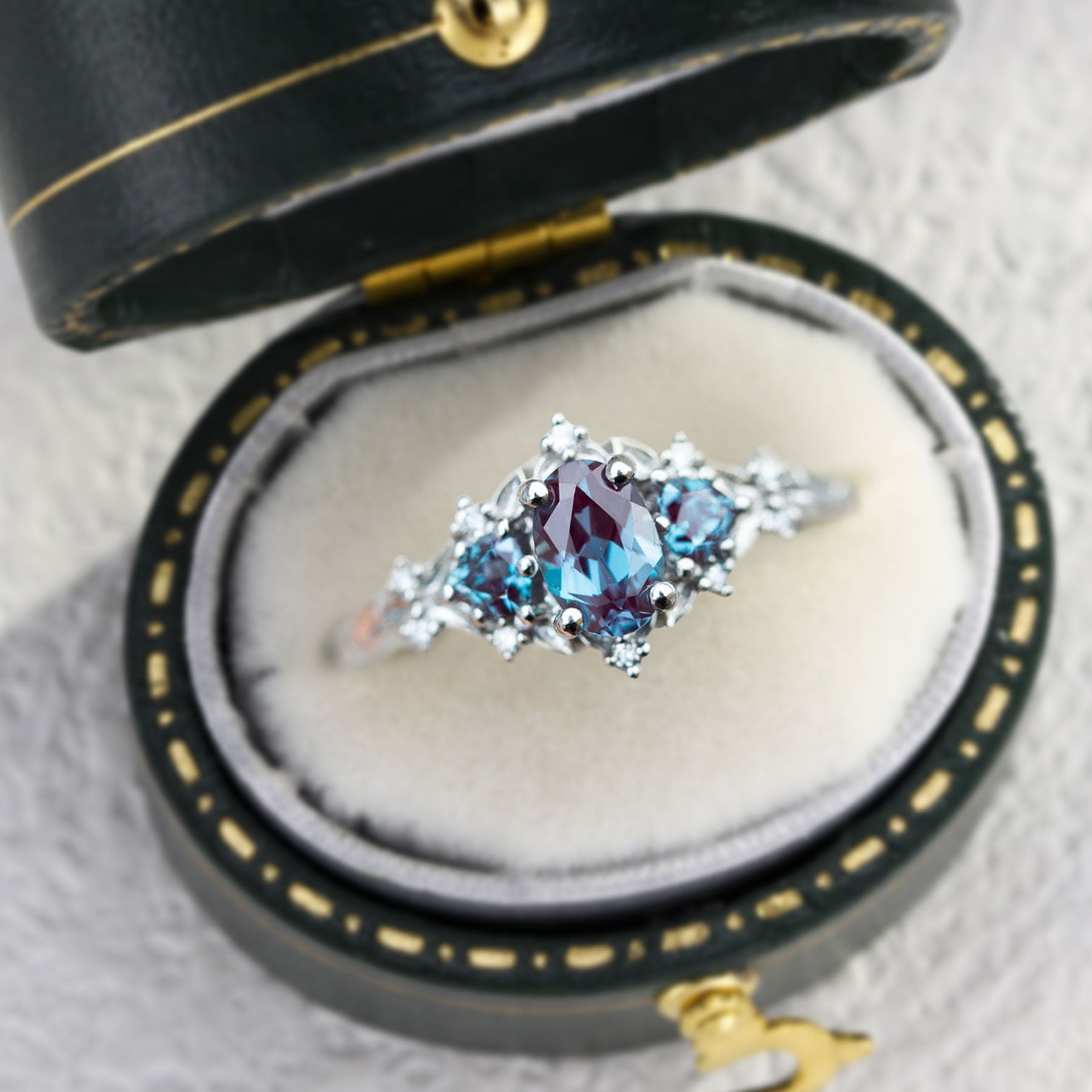 Unique Briar Rose Three Stone Oval Lab Alexandrite Ring - Oore Jewelry