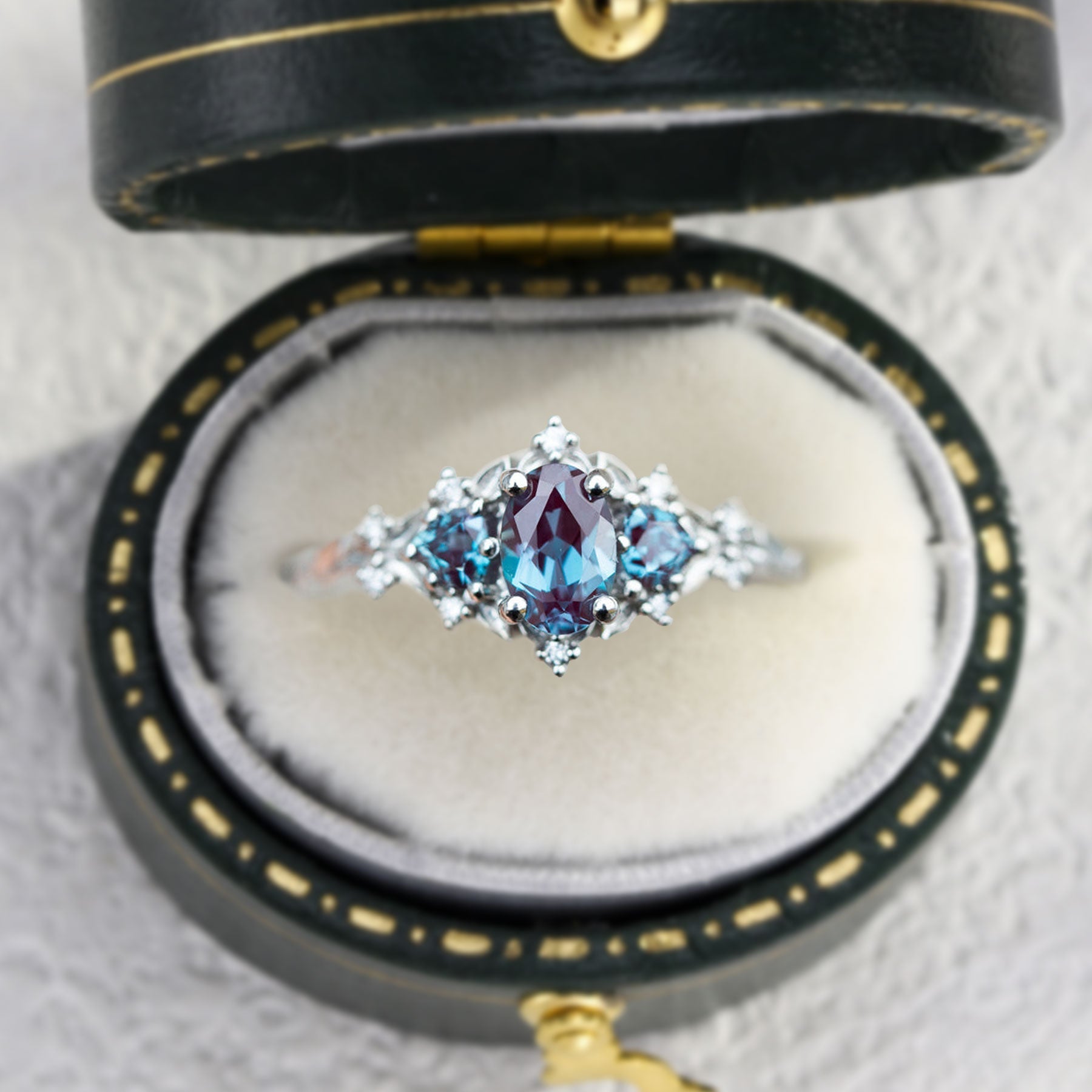 Unique Briar Rose Three Stone Oval Lab Alexandrite Ring - Oore Jewelry