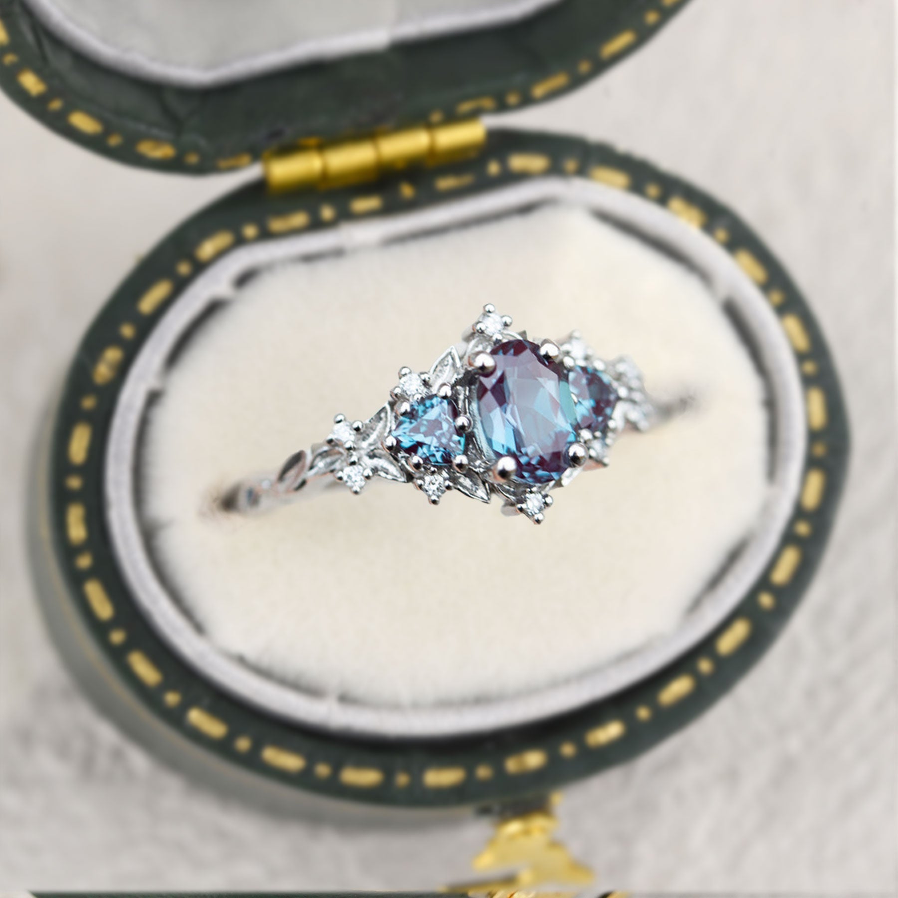 Unique Briar Rose Three Stone Oval Lab Alexandrite Ring - Oore Jewelry