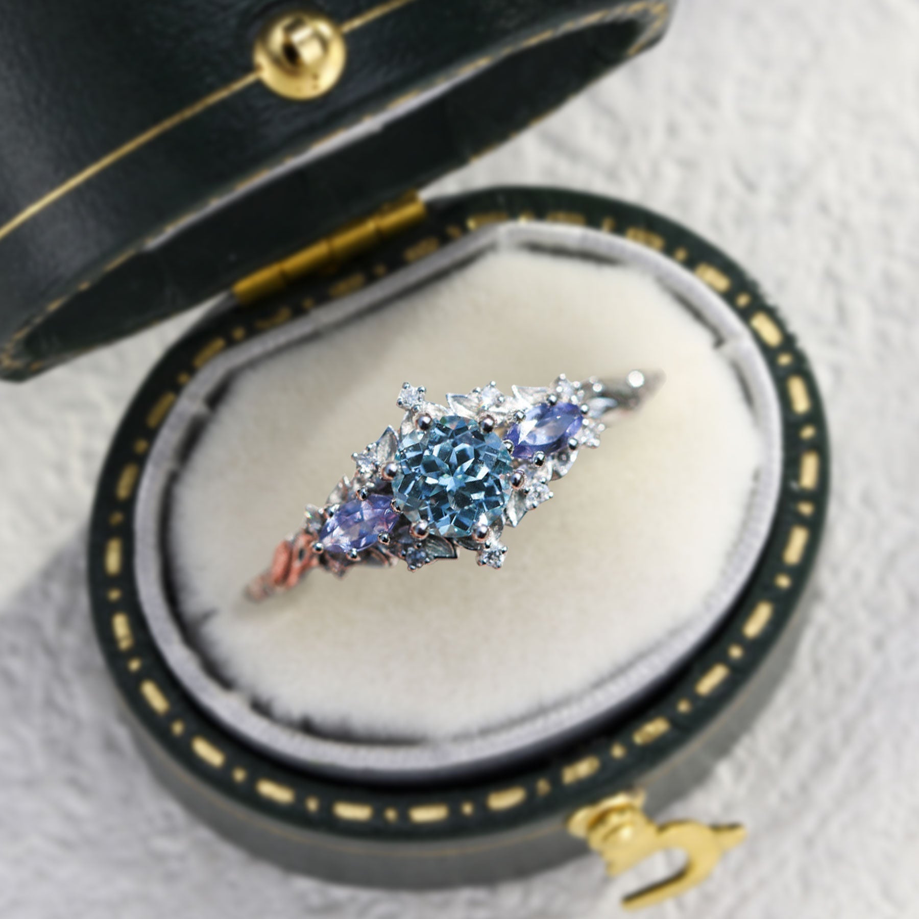 Unique Briar Rose Three Stone Round Lab Aquamarine and Tanzanite Ring - Oore Jewelry