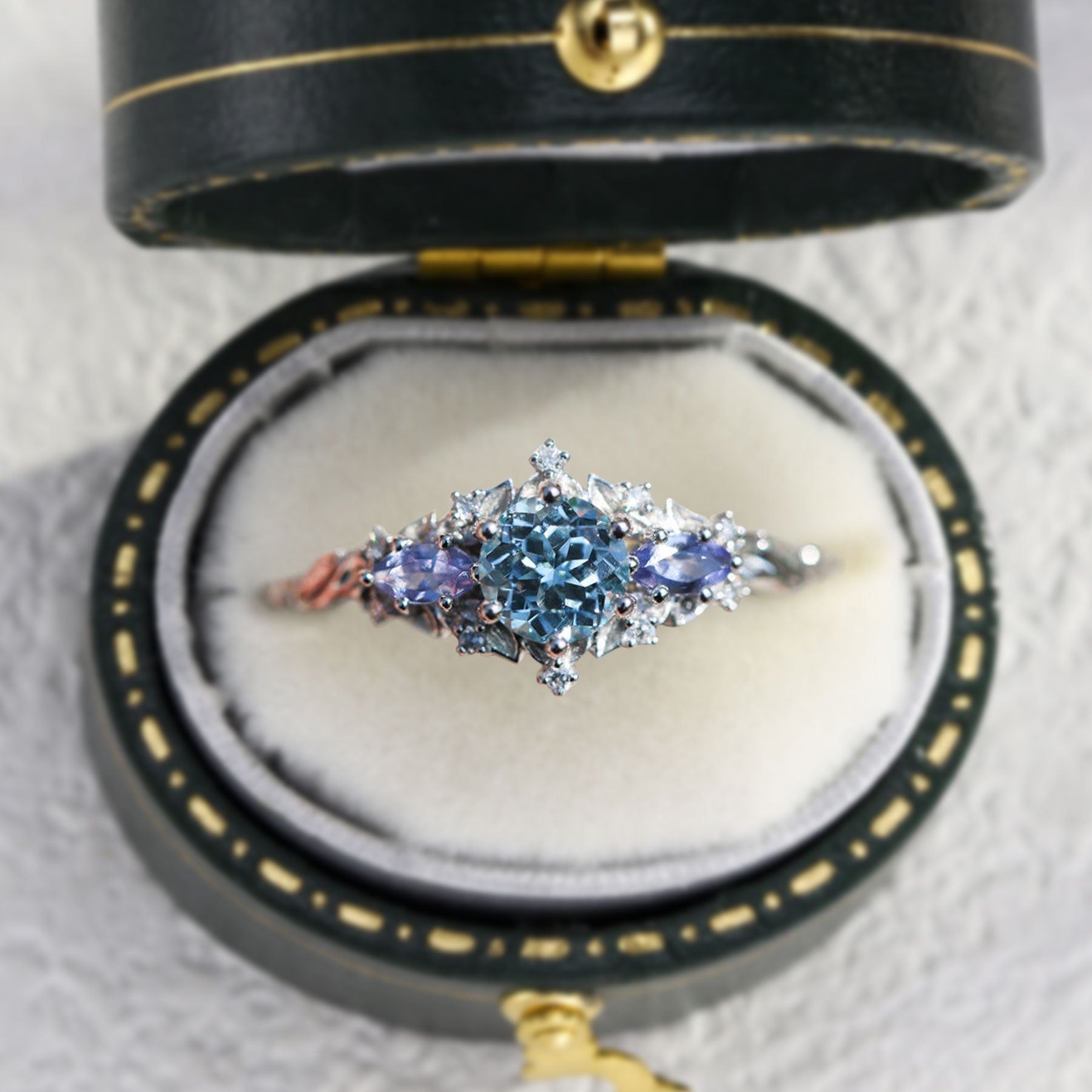 Unique Briar Rose Three Stone Round Lab Aquamarine and Tanzanite Ring - Oore Jewelry