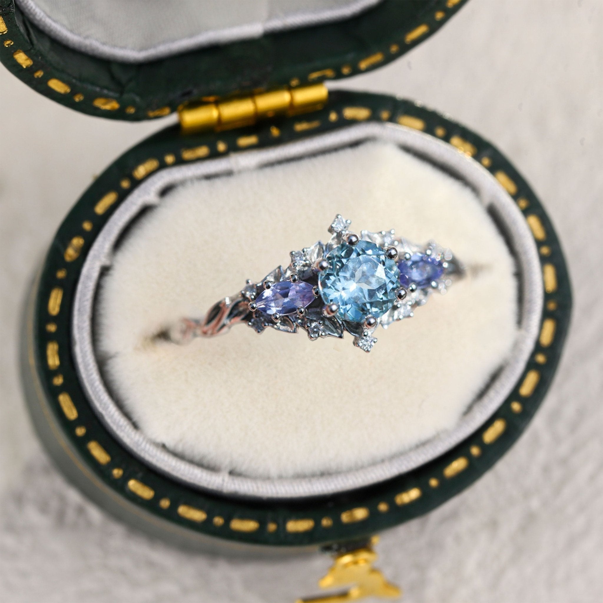 Unique Briar Rose Three Stone Round Lab Aquamarine and Tanzanite Ring - Oore Jewelry