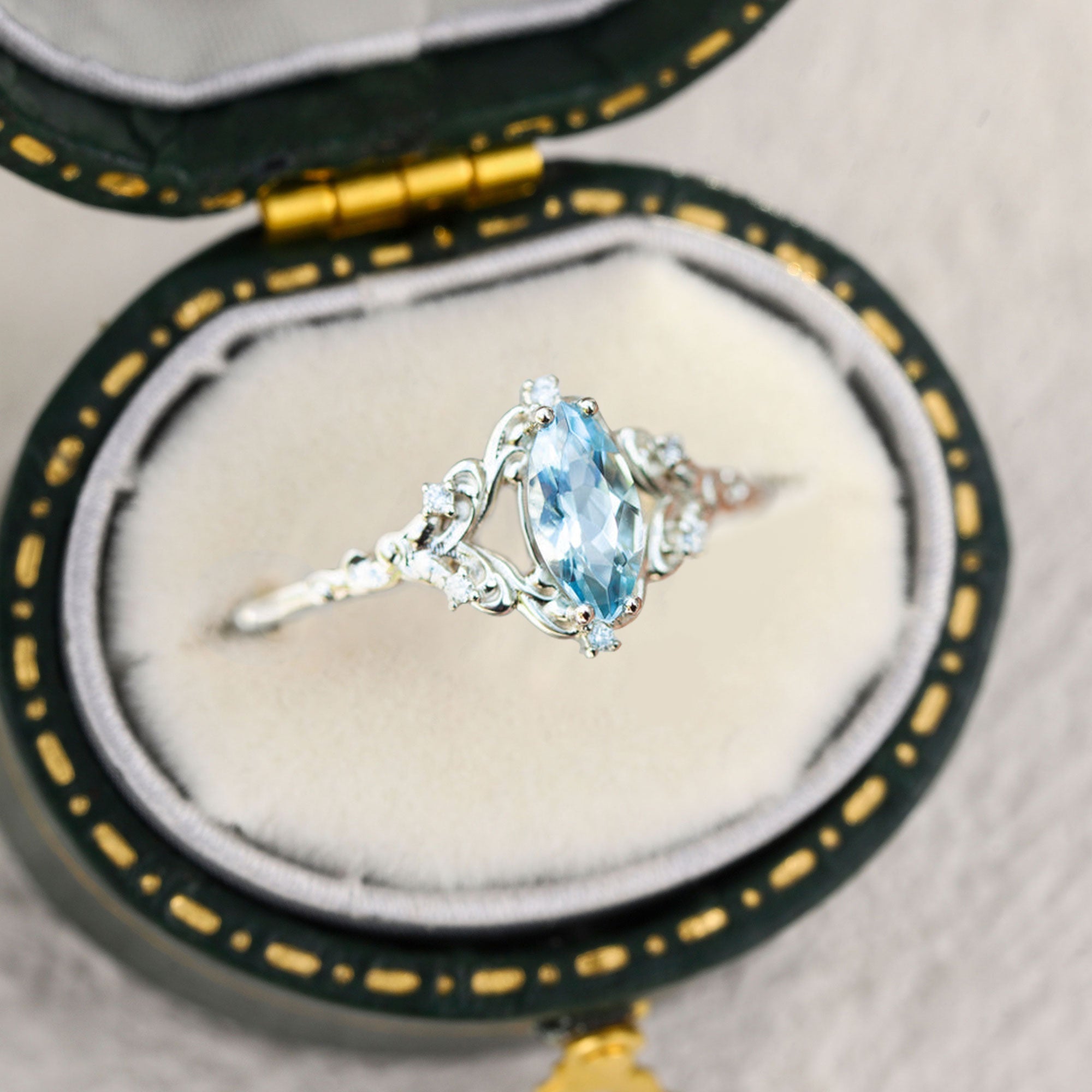Unique Aurora Marquise Lab Aquamarine Ring - Oore Jewelry