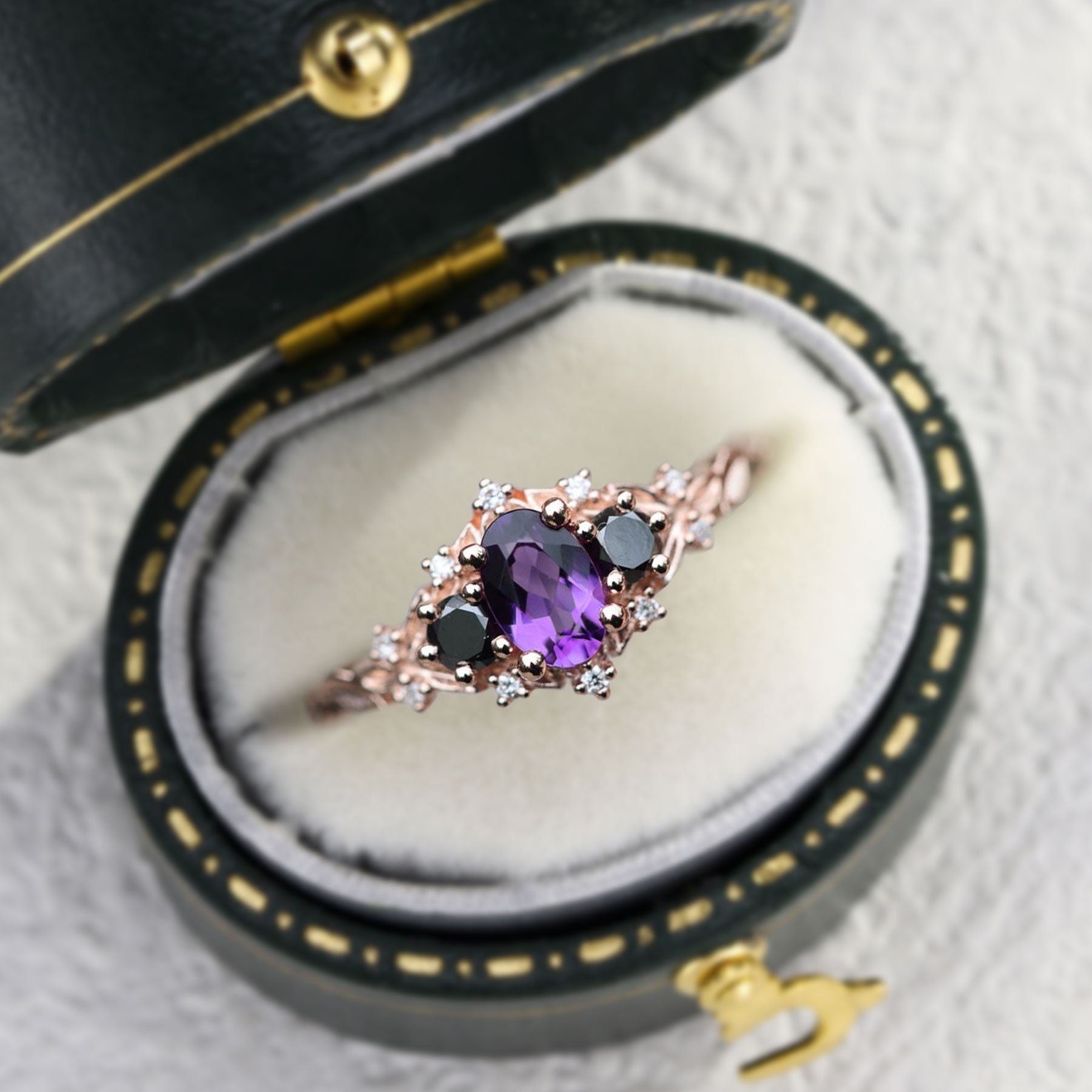Unique Briar Rose Three Stone Oval Amethyst and Black Moissanite Ring - Oore Jewelry