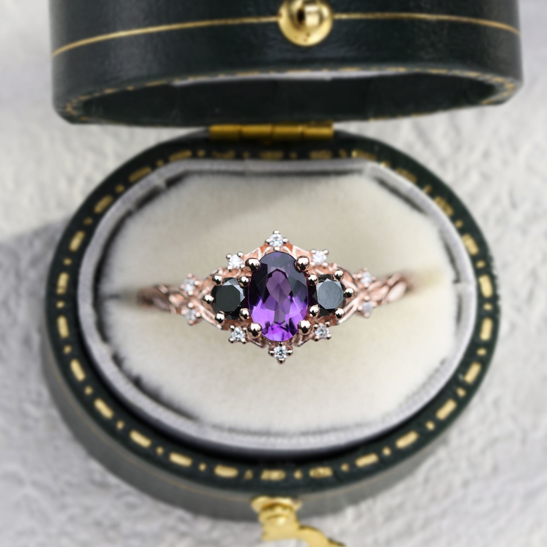 Unique Briar Rose Three Stone Oval Amethyst and Black Moissanite Ring - Oore Jewelry