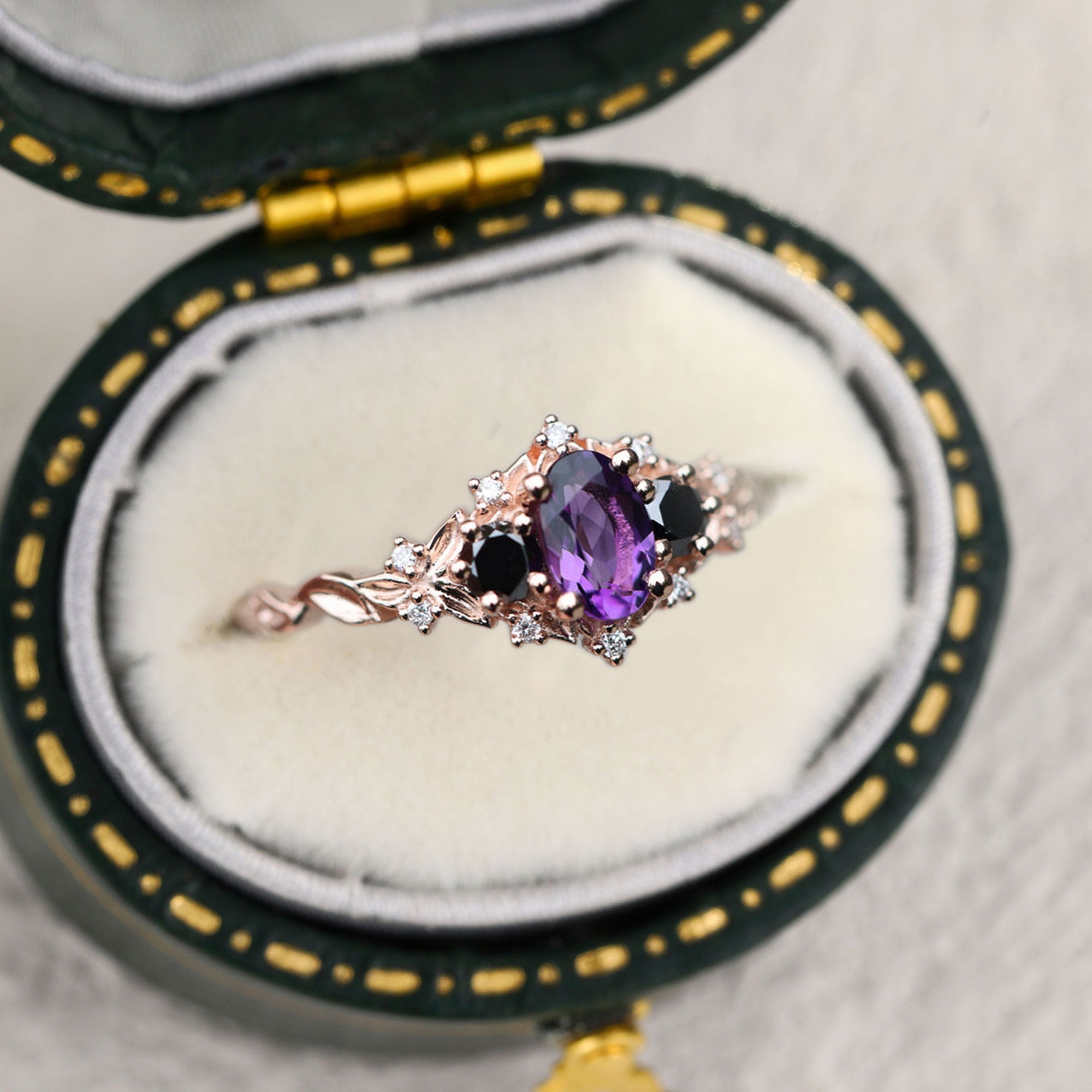 Unique Briar Rose Three Stone Oval Amethyst and Black Moissanite Ring - Oore Jewelry