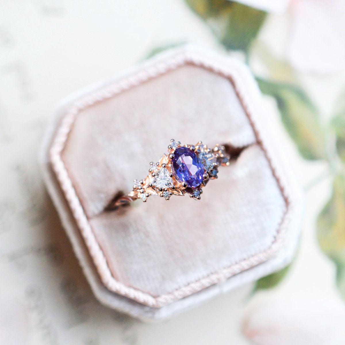 Unique Briar Rose Oval Amethyst and Moissanite Ring - Oore Jewelry