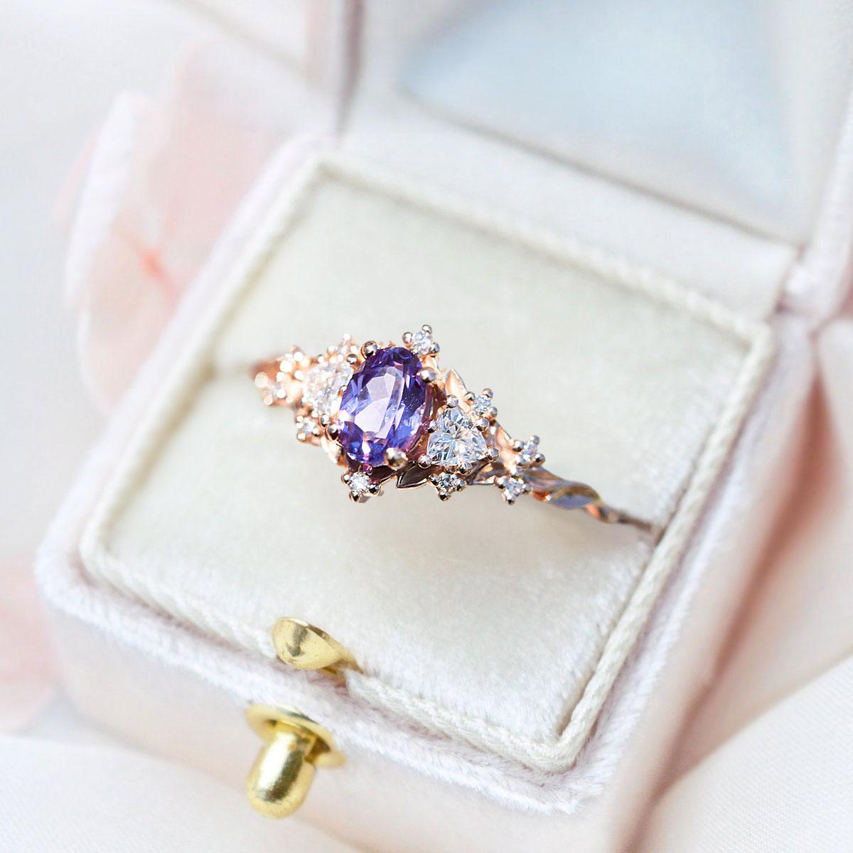 Unique Briar Rose Oval Amethyst and Moissanite Ring - Oore Jewelry