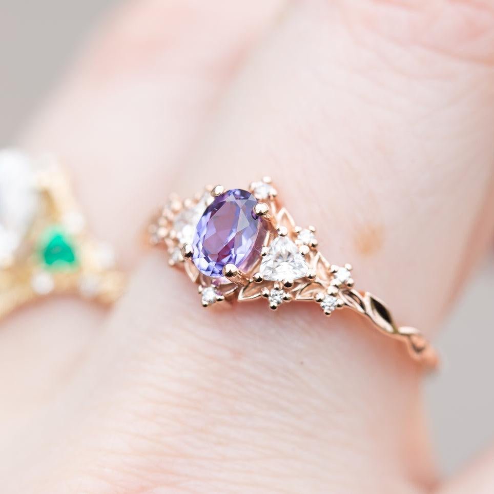 Unique Briar Rose Oval Amethyst and Moissanite Ring - Oore Jewelry