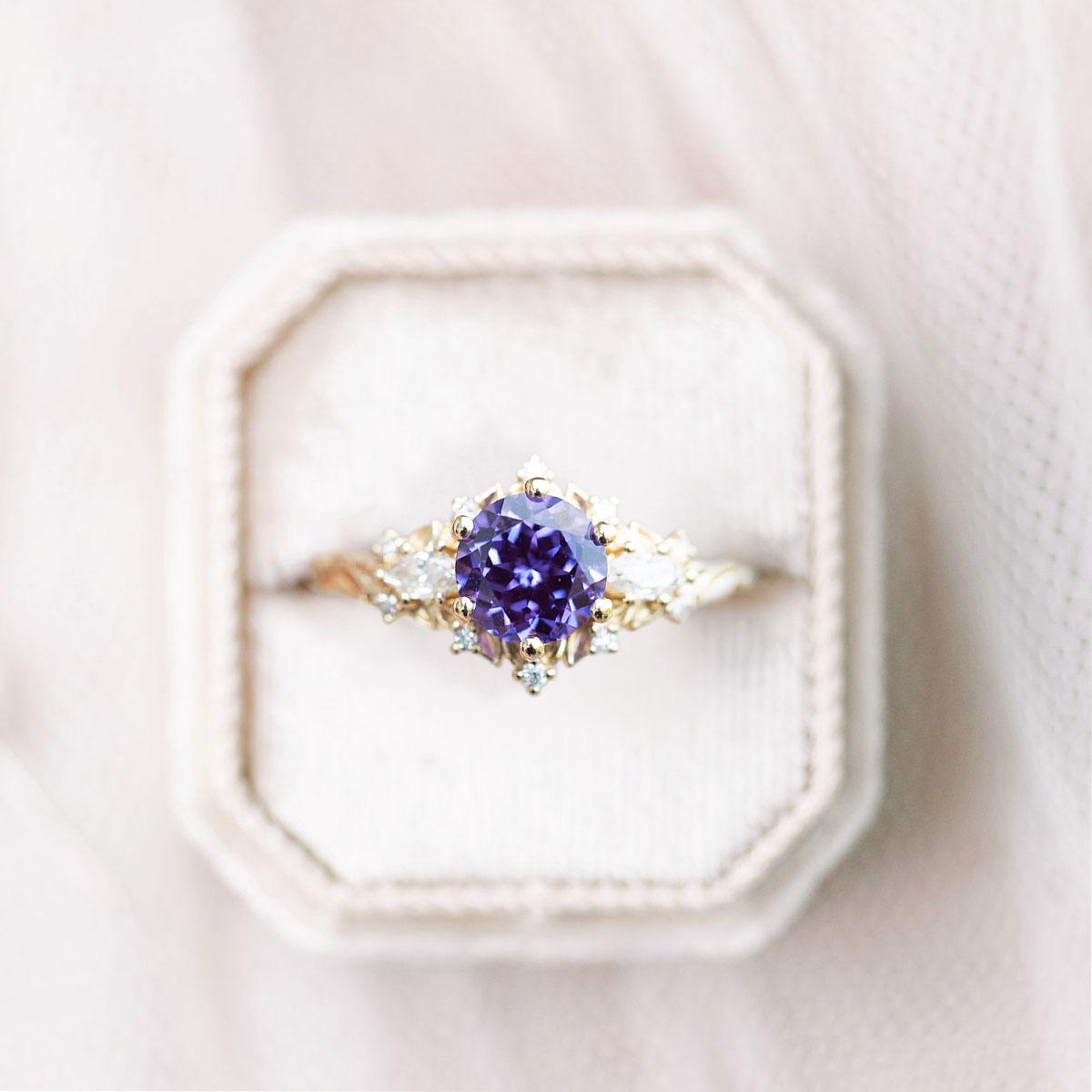 Unique Briar Rose Three Stone Round Amethyst Ring - Oore Jewelry