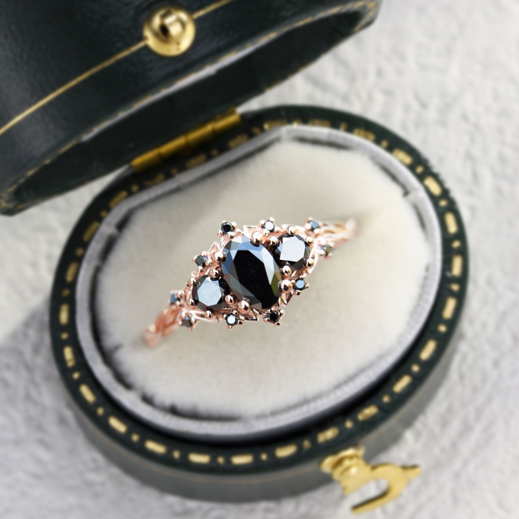 Unique Briar Rose Three Stone Oval Black Moissanite Ring - Oore Jewelry
