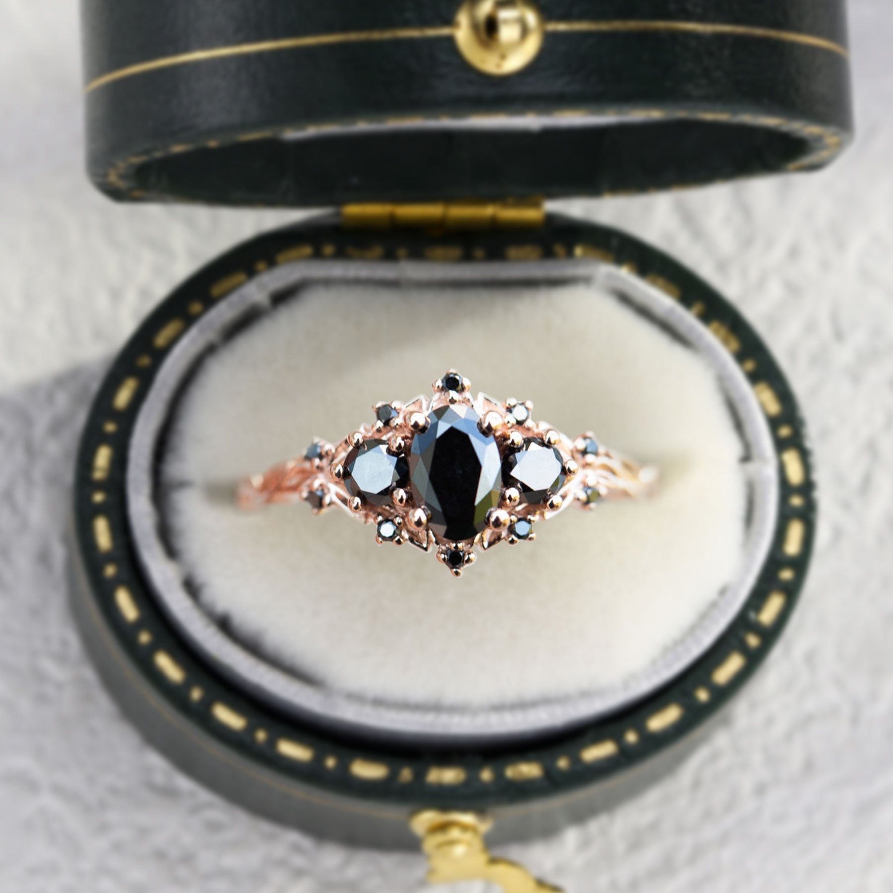 Unique Briar Rose Three Stone Oval Black Moissanite Ring - Oore Jewelry