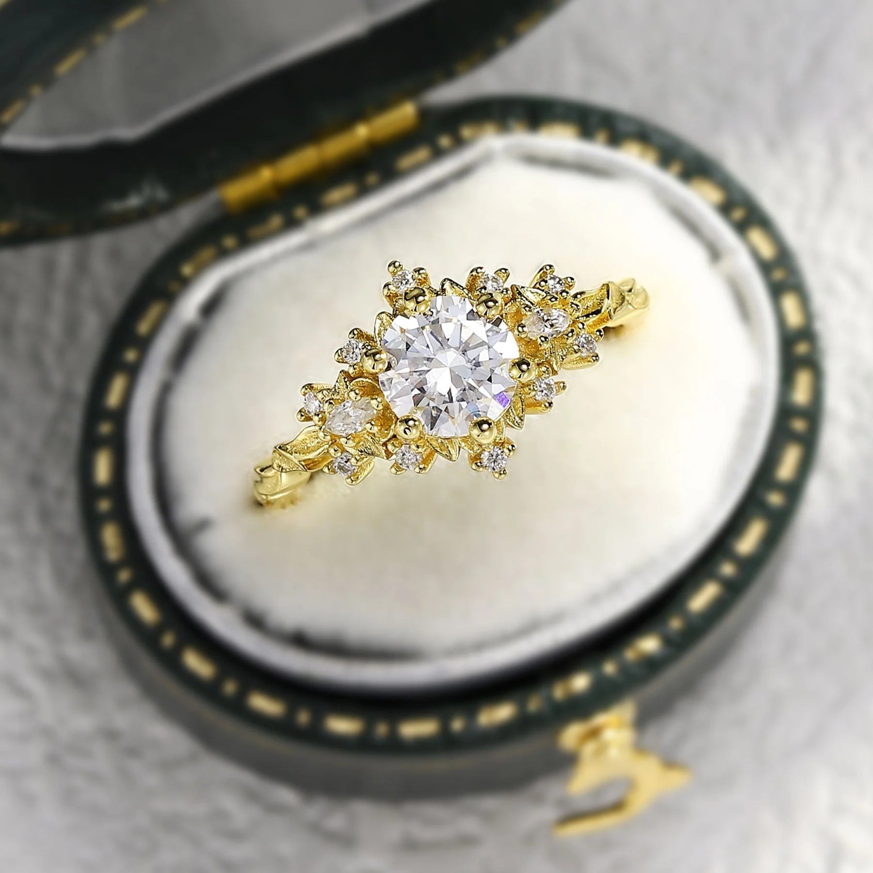 Unique floral engagement rings Rose Three Stone Round Moissanite Ring - Oore Jewelry