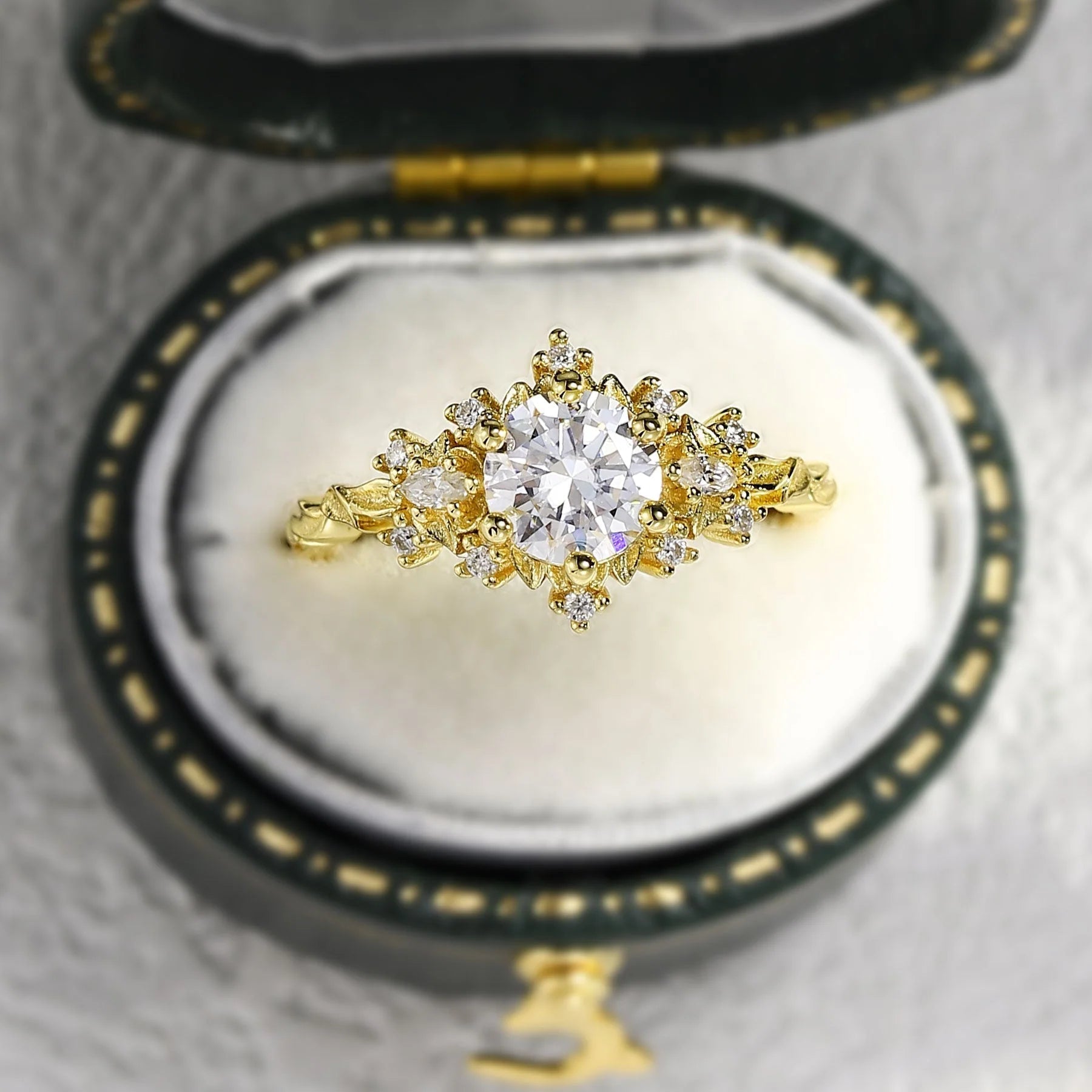 Unique floral engagement rings Rose Three Stone Round Moissanite Ring - Oore Jewelry