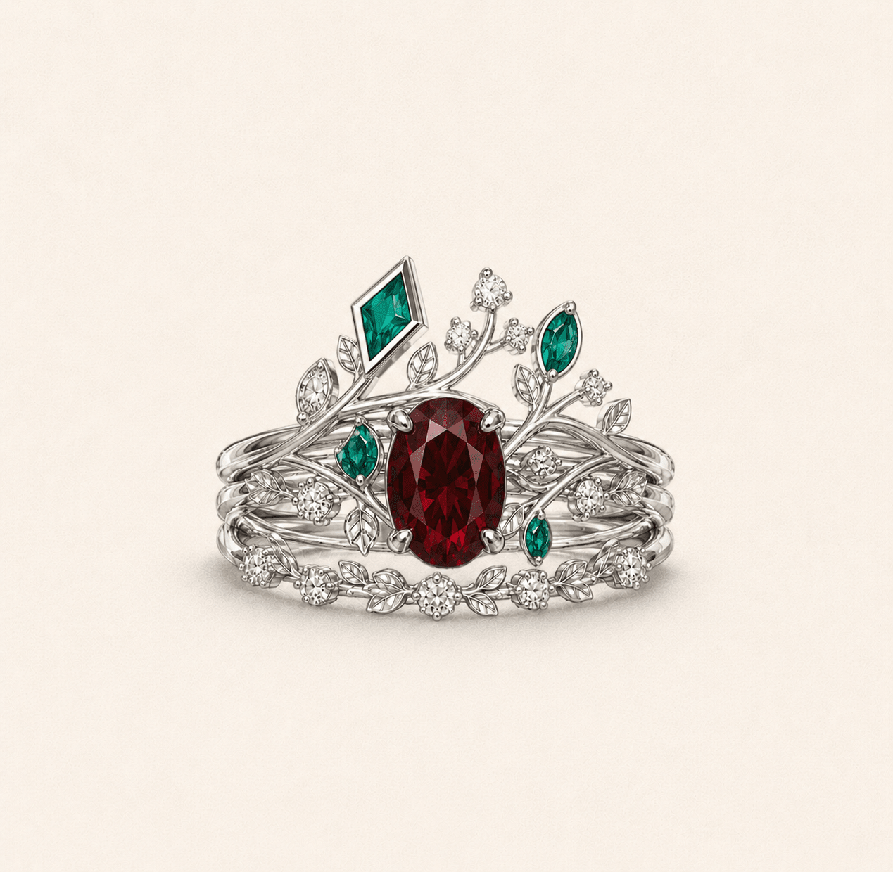 Unique Garnet Ring Set with Emerald and Moissanite Accents - Oore Jewelry