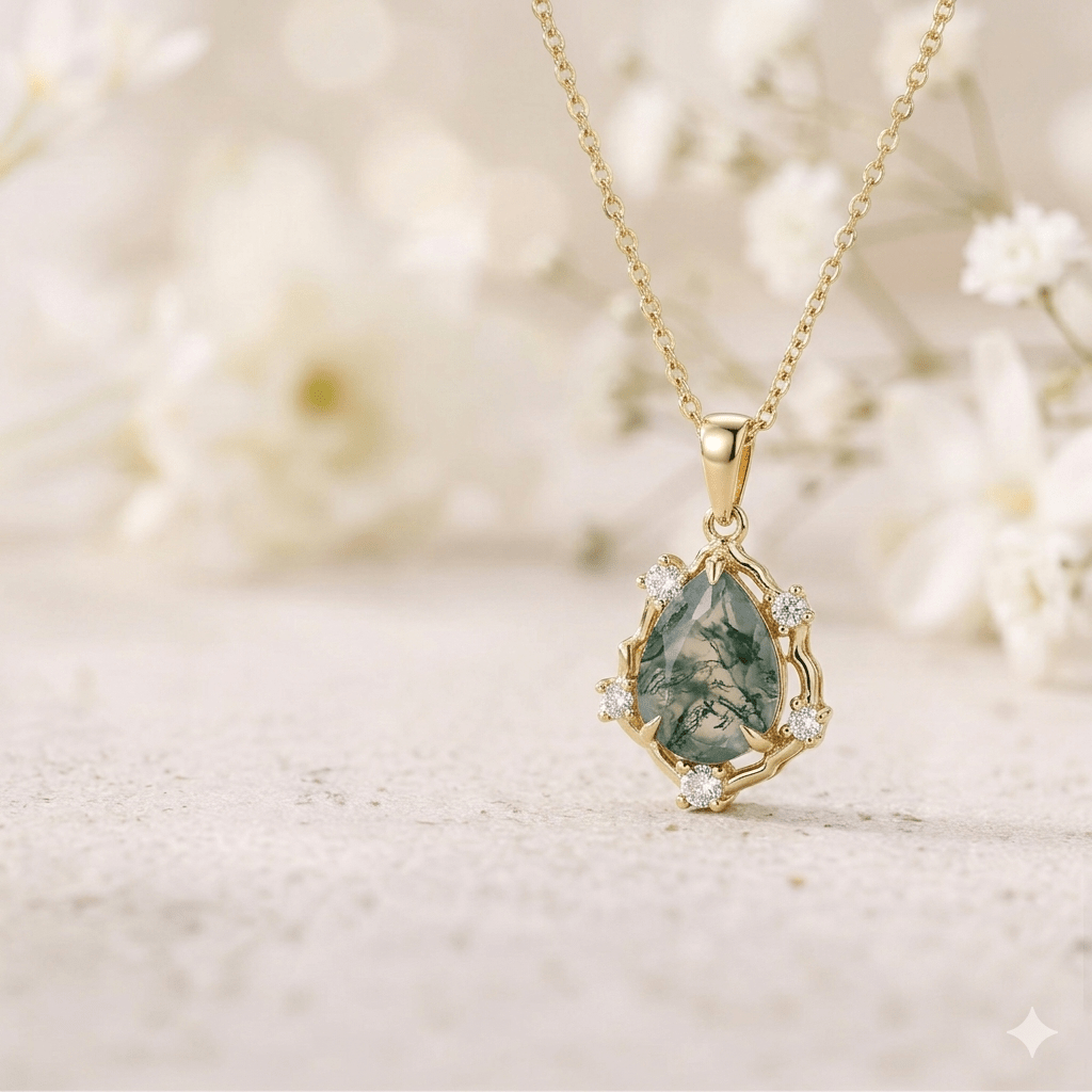 Vintage Pear Cut Moss Agate Organic Halo Pendant Necklace - Oore Jewelry