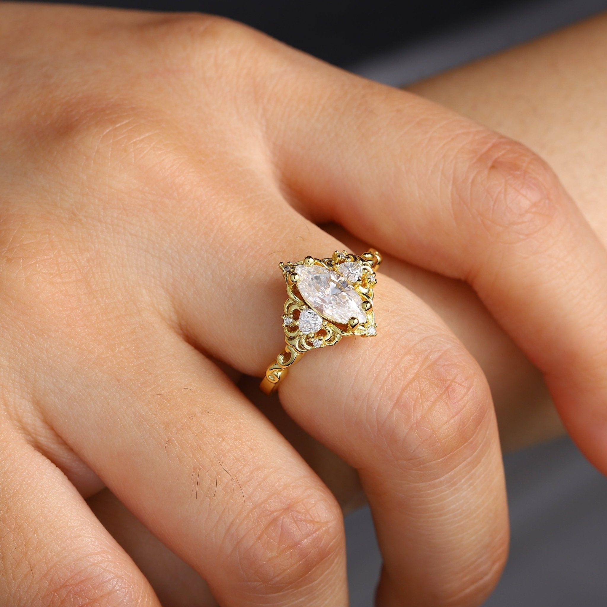 Unique Aurora Three Stone Marquise Moissanite Ring - Oore Jewelry