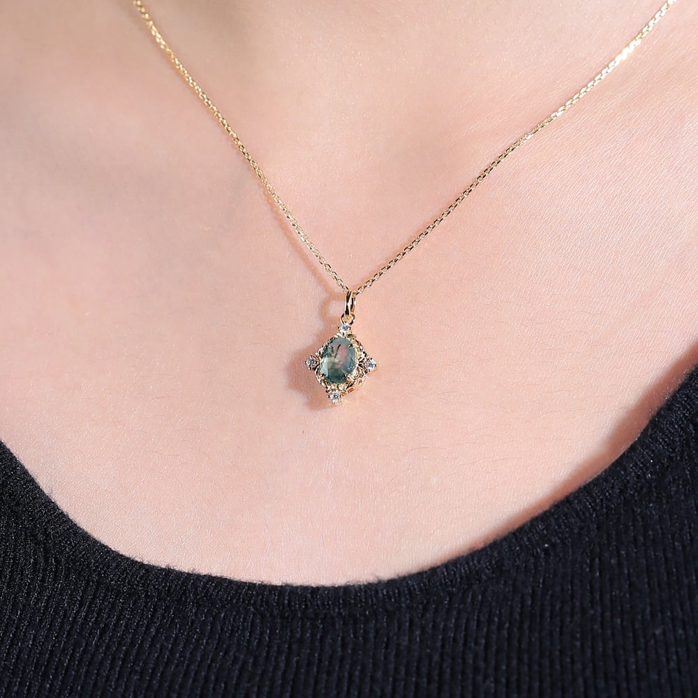 Vintage Oval Moss Agate Filigree Pendant Necklace - Oore Jewelry