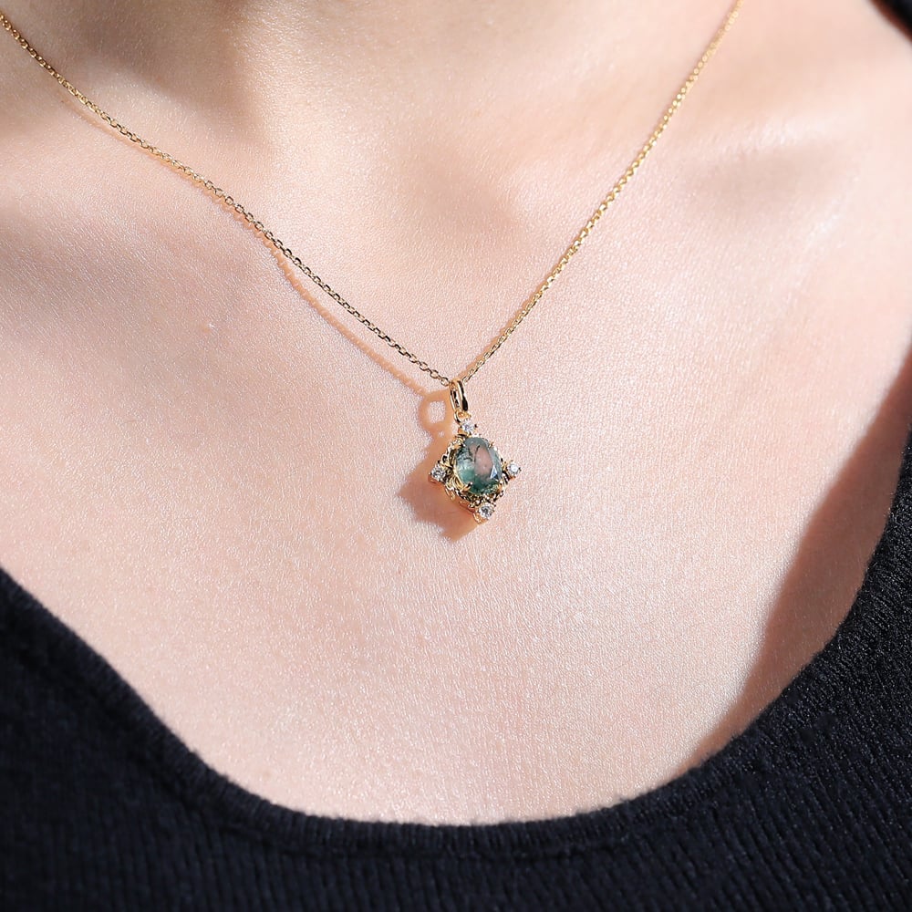 Vintage Oval Moss Agate Filigree Pendant Necklace - Oore Jewelry