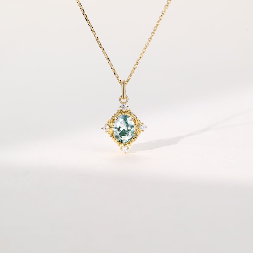 Vintage Oval Moss Agate Filigree Pendant Necklace - Oore Jewelry
