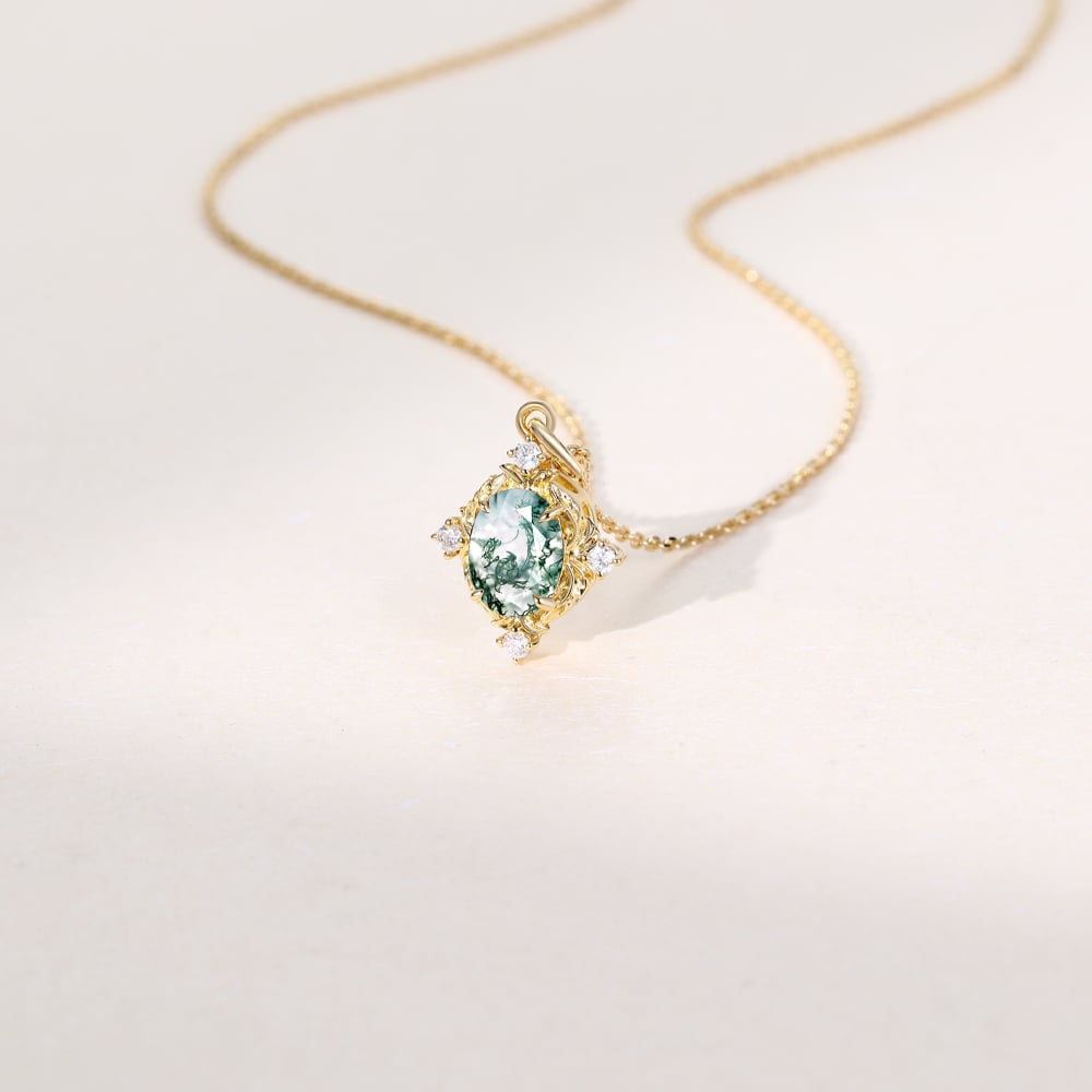 Vintage Oval Moss Agate Filigree Pendant Necklace - Oore Jewelry