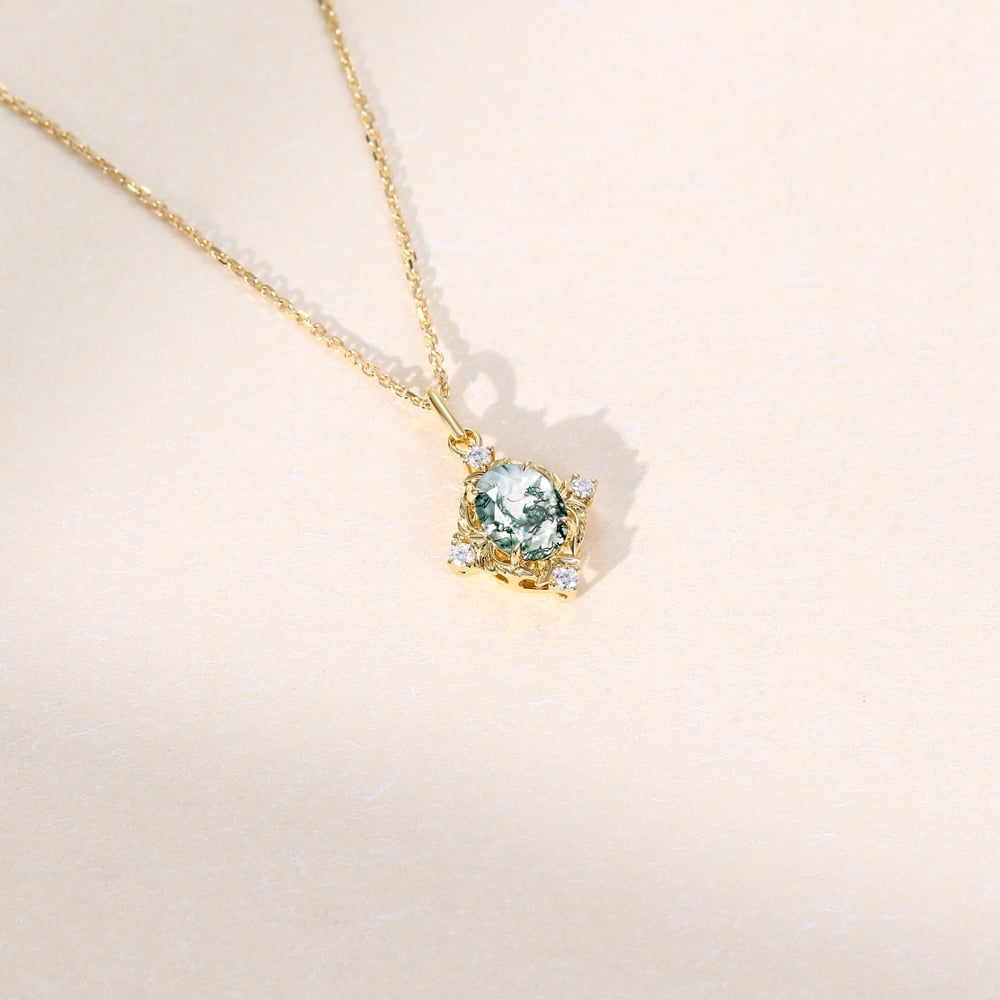 Vintage Oval Moss Agate Filigree Pendant Necklace - Oore Jewelry